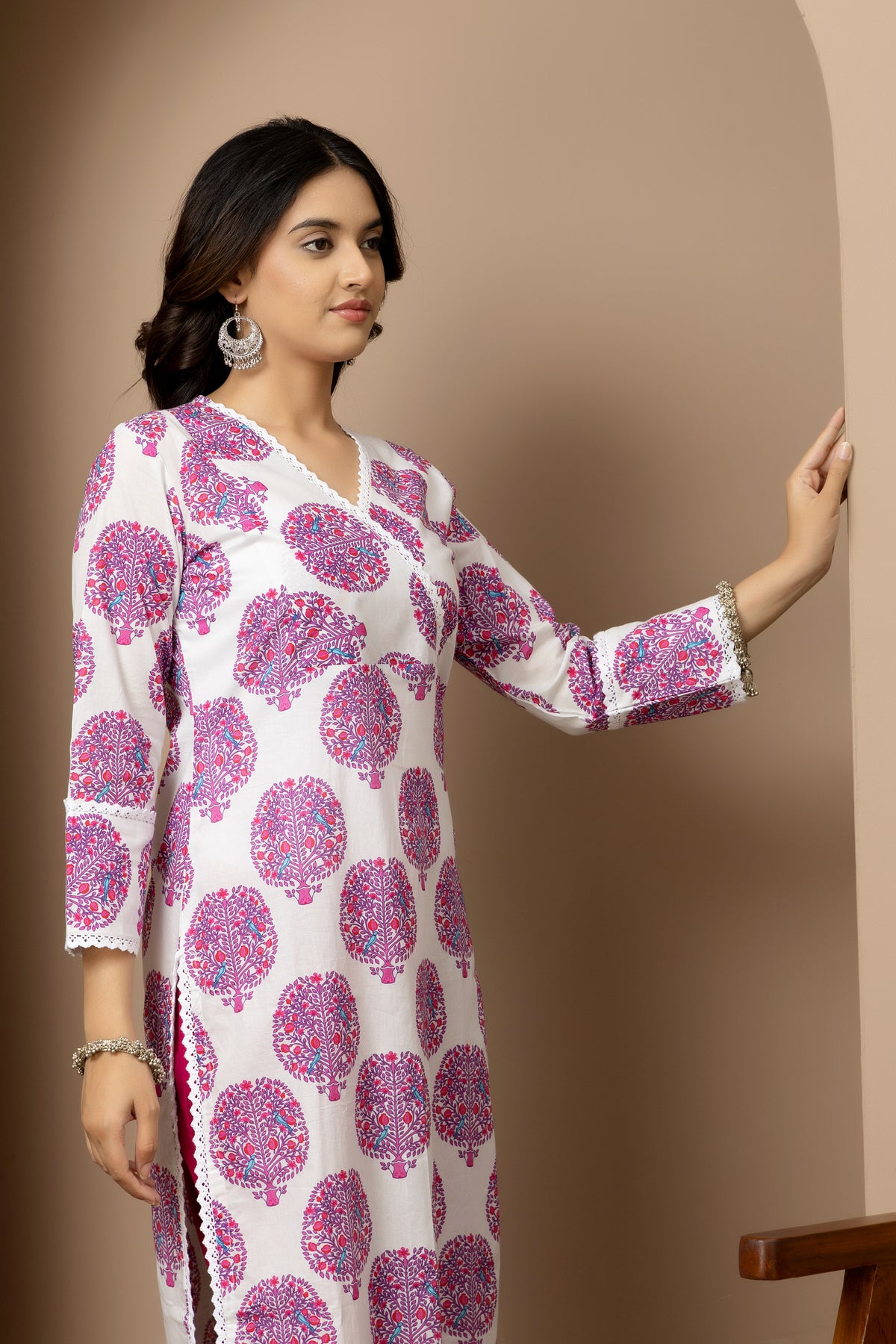 Gulbahar- White - pink tree print kurta with rani pink straight pants