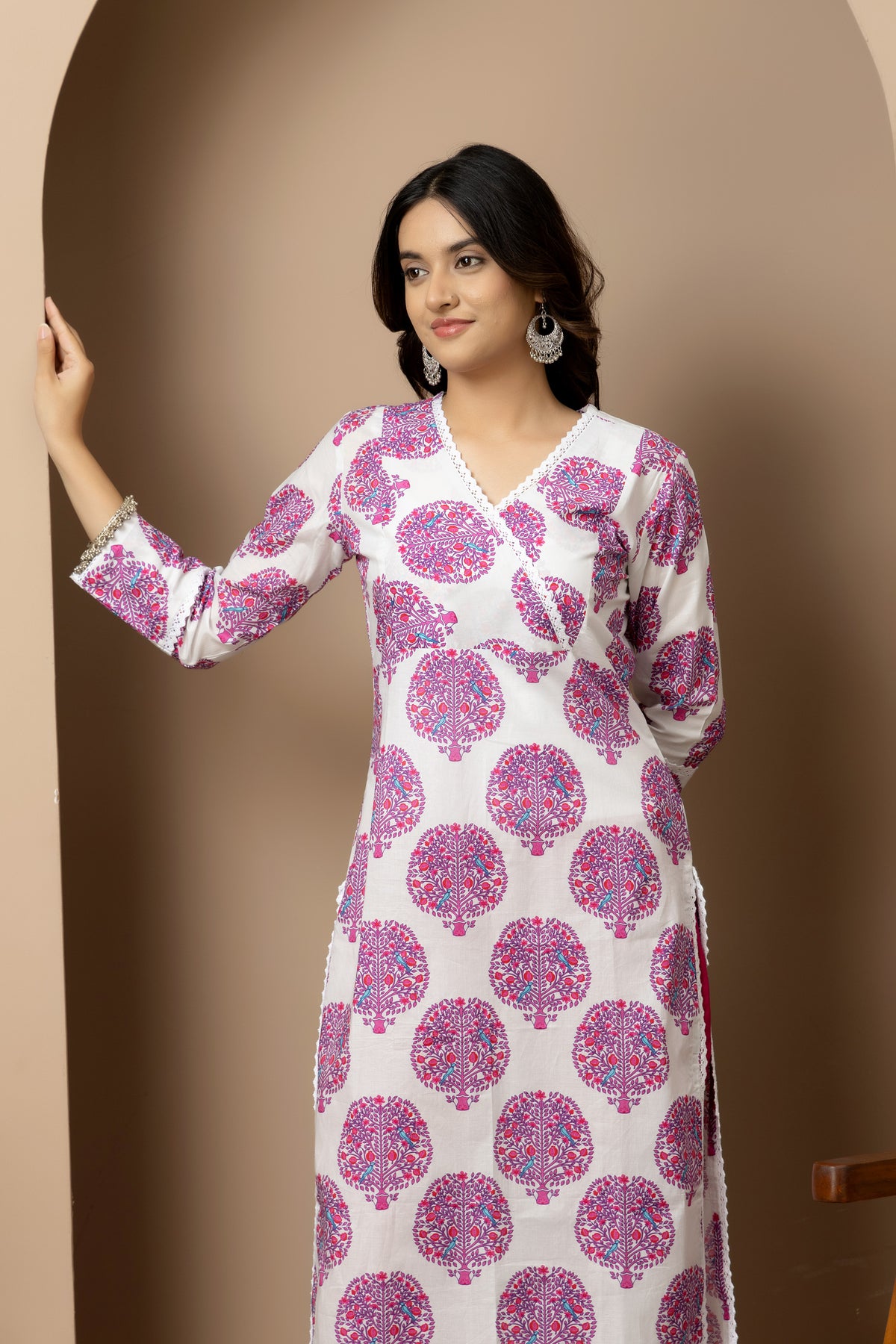 Gulbahar- White - pink tree print kurta with rani pink straight pants