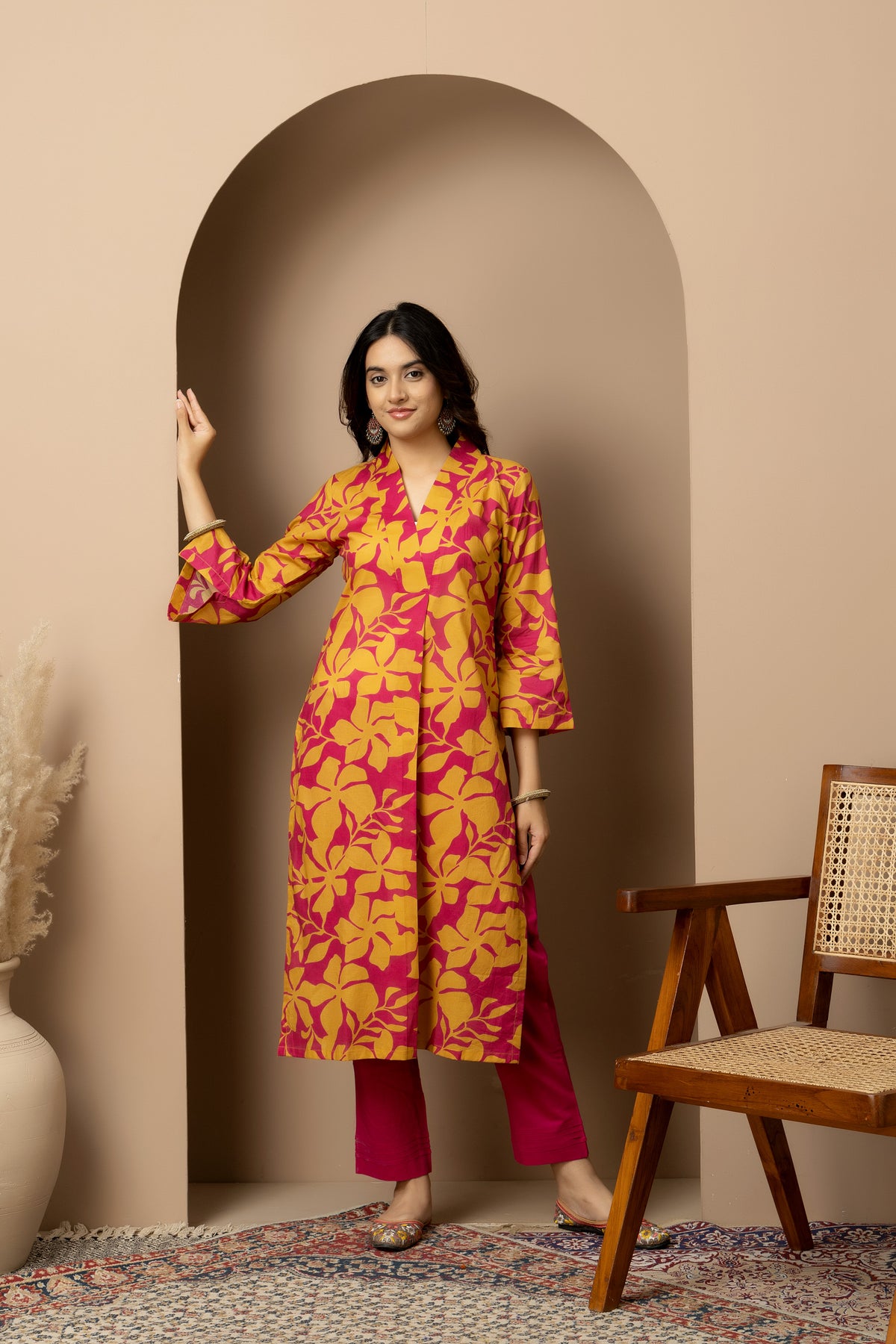 Rani Phool- Magenta and mustard floral kurta with rani pink straight pants