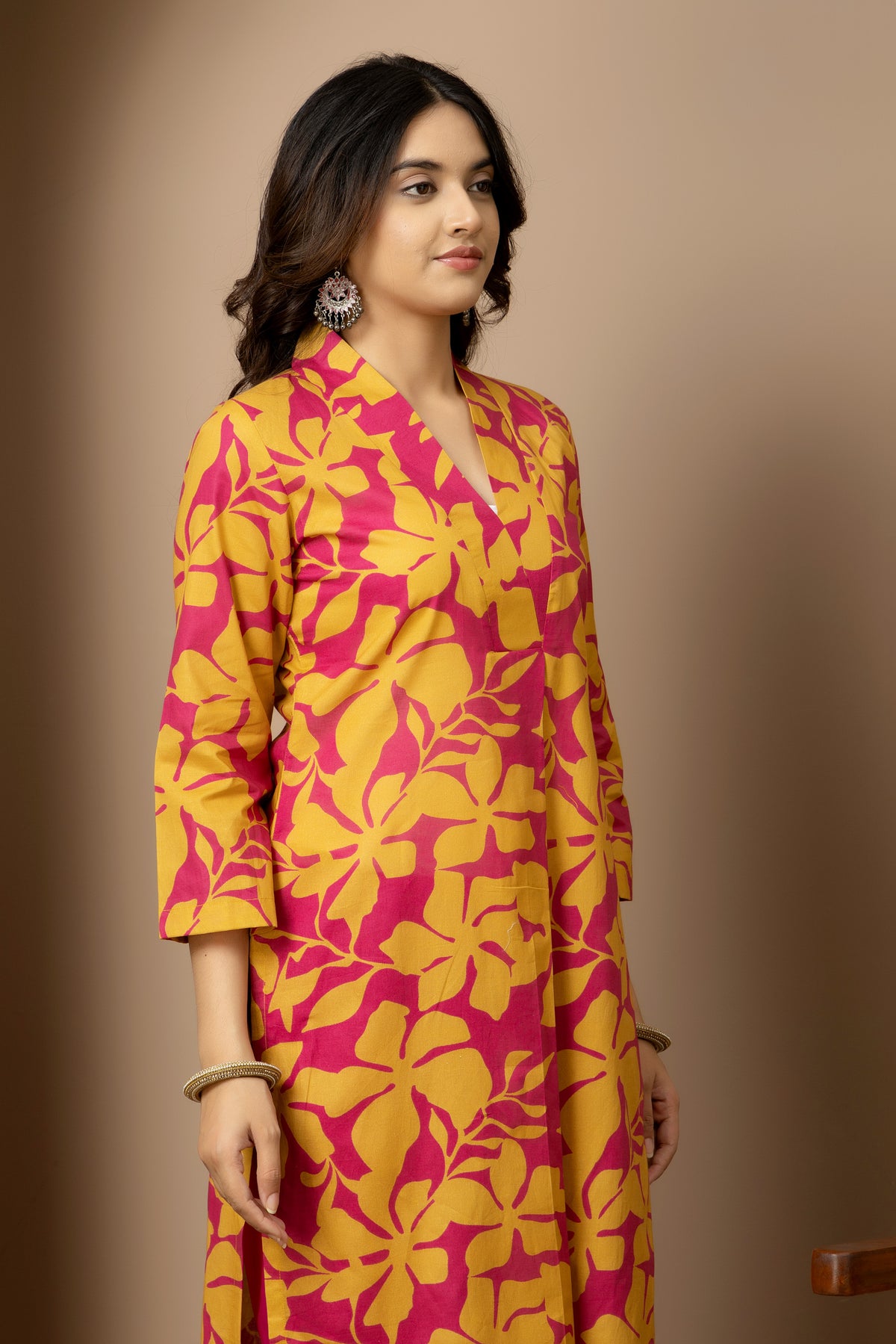 Rani Phool- Magenta and mustard floral kurta with rani pink straight pants