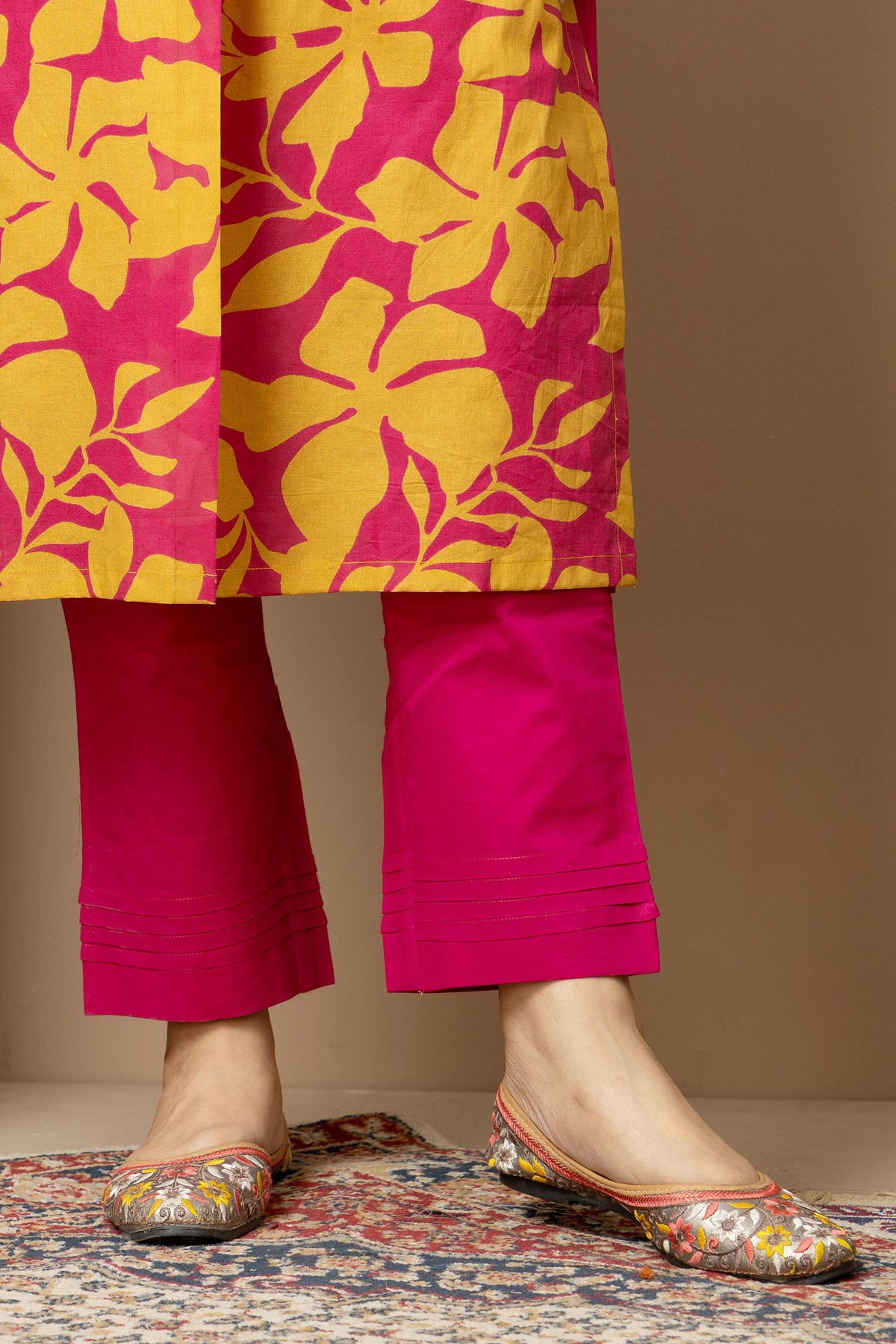 Rani Phool- Magenta and mustard floral kurta with rani pink straight pants