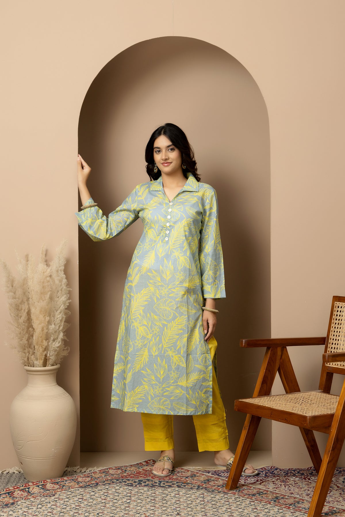 Citrus Bloom- Ash Grey cotton yellow leaf print Kurta with yellow straight pants