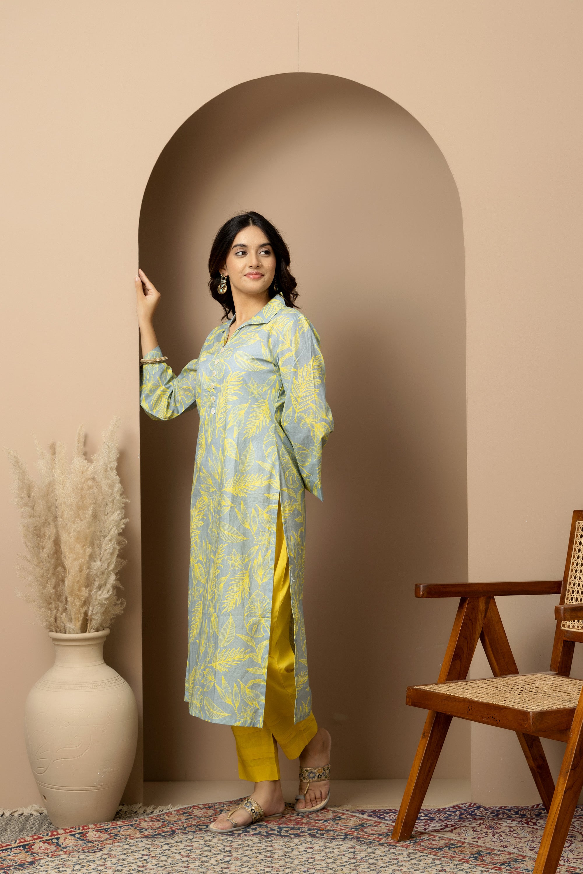 Citrus Bloom- Ash Grey cotton yellow leaf print Kurta