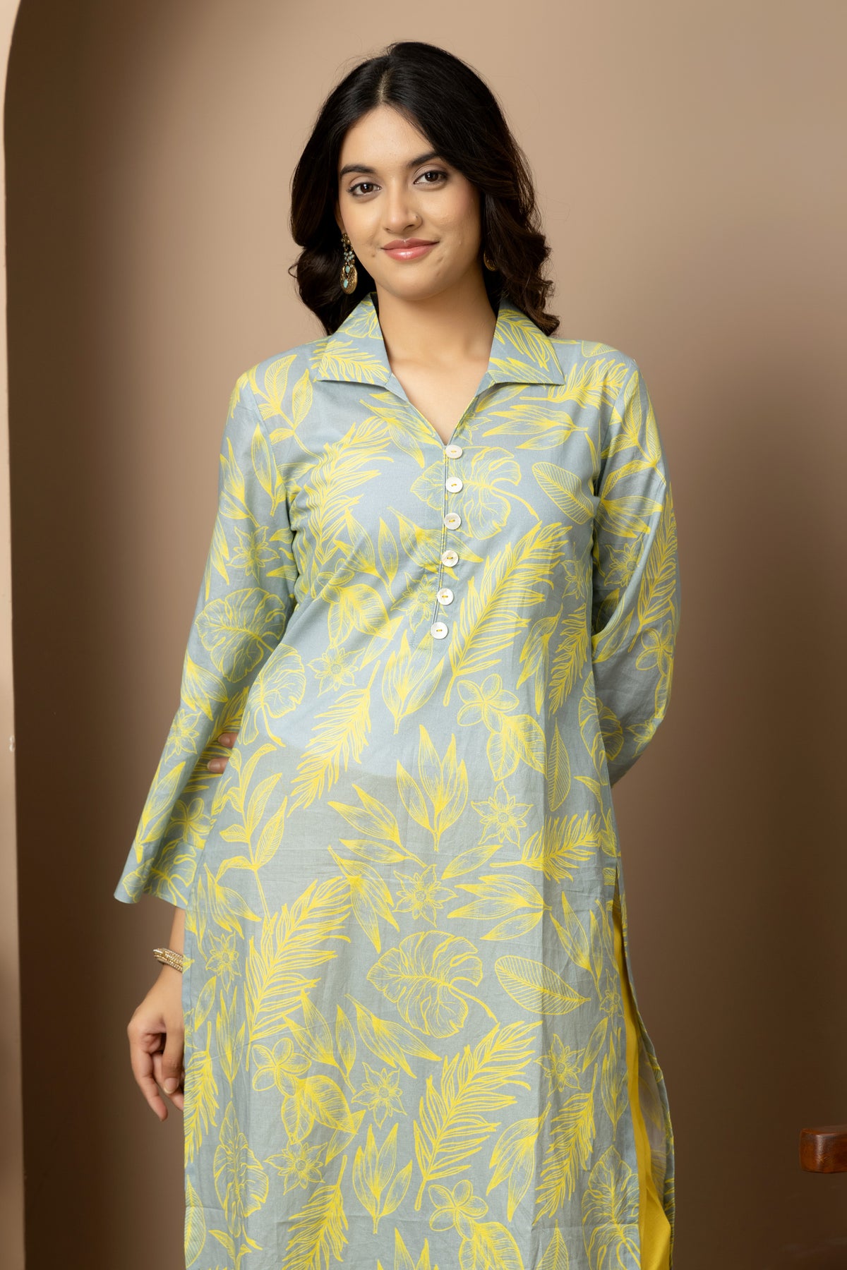 Citrus Bloom- Ash Grey cotton yellow leaf print Kurta with yellow straight pants