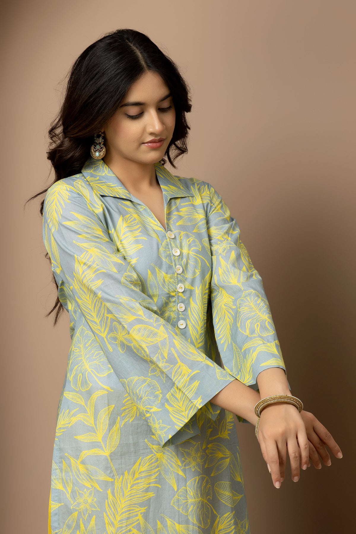 Citrus Bloom- Ash Grey cotton yellow leaf print Kurta