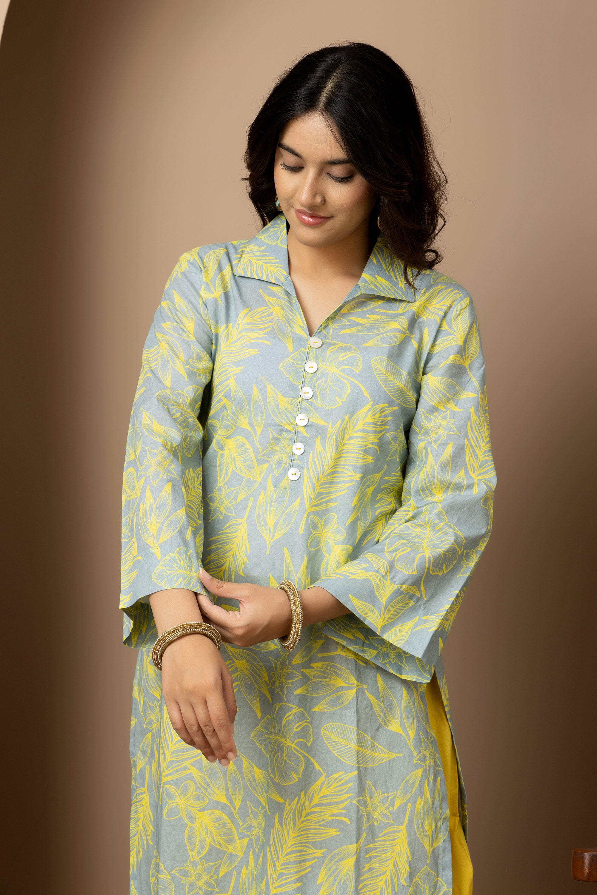 Citrus Bloom- Ash Grey cotton yellow leaf print Kurta