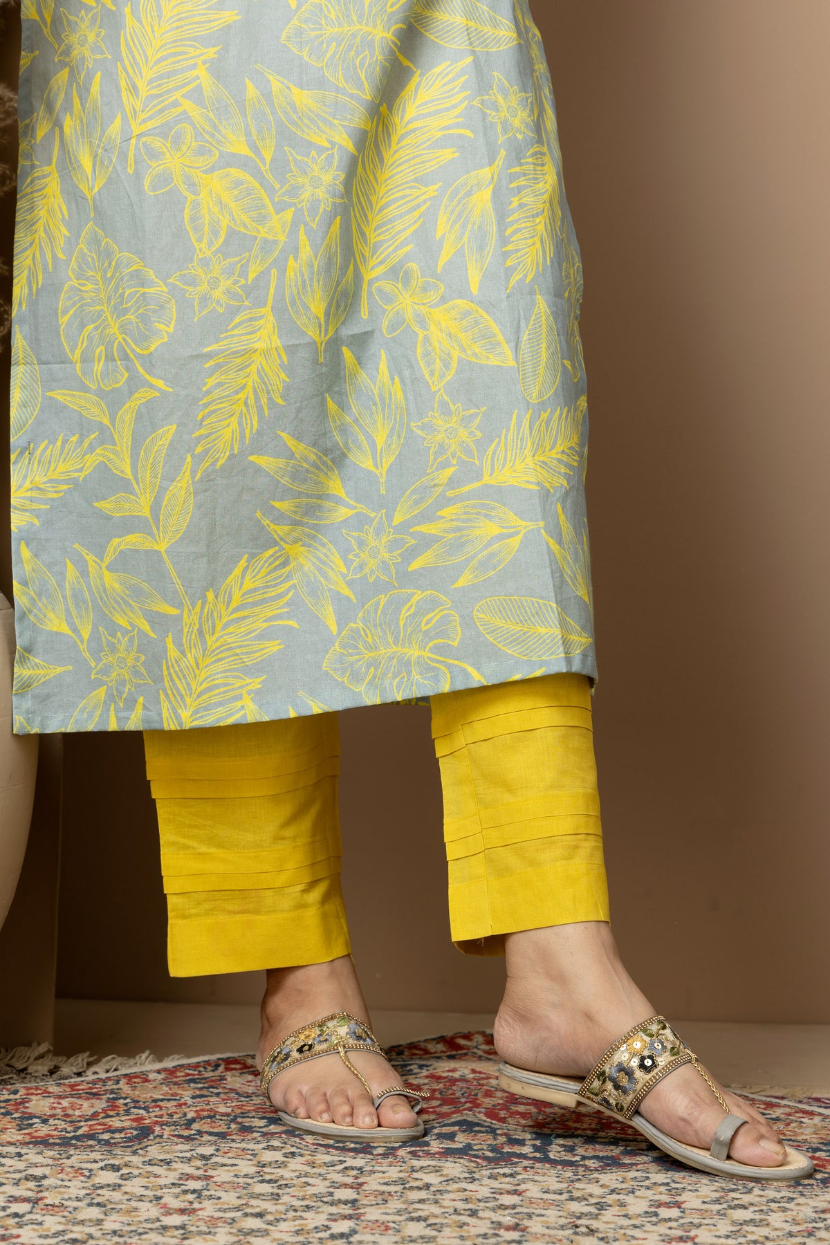 Citrus Bloom- Ash Grey cotton yellow leaf print Kurta with yellow straight pants