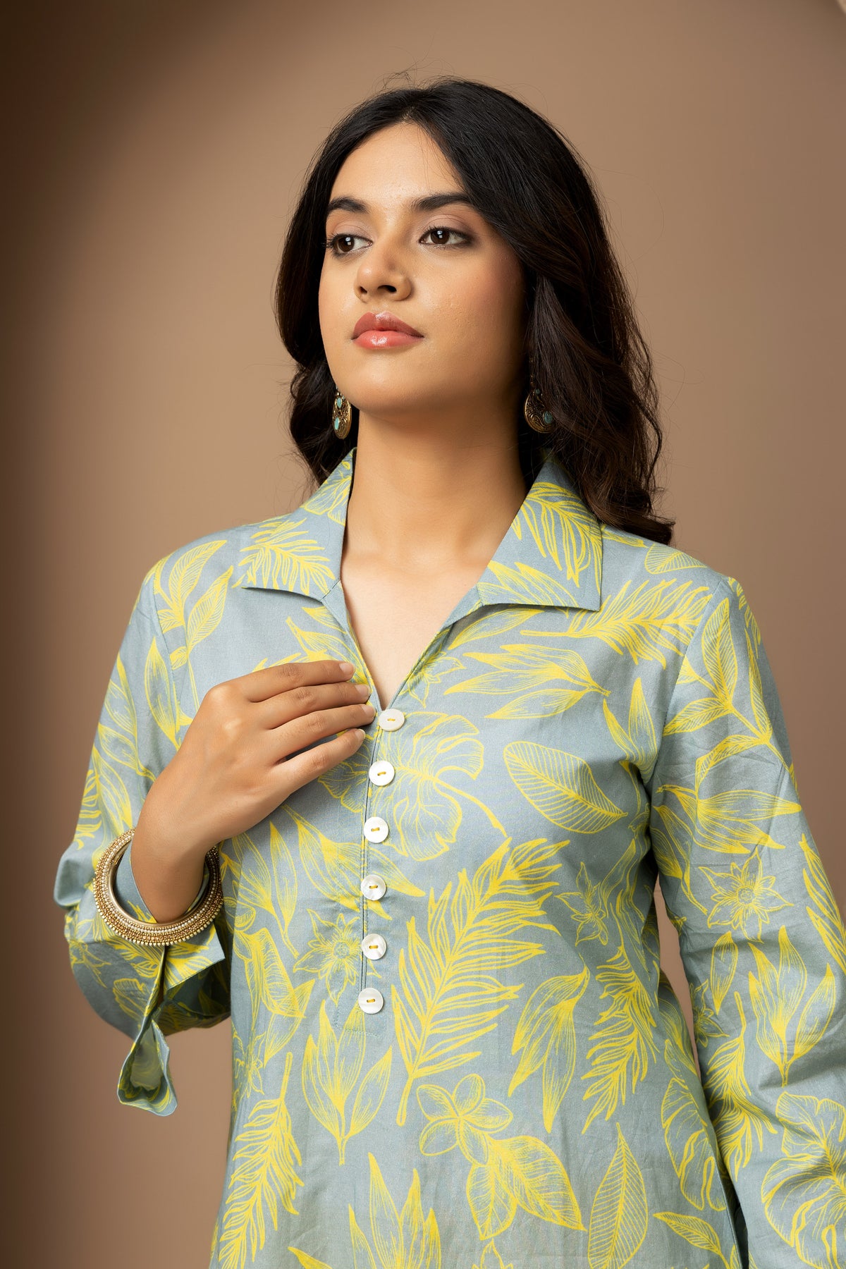 Citrus Bloom- Ash Grey cotton yellow leaf print Kurta