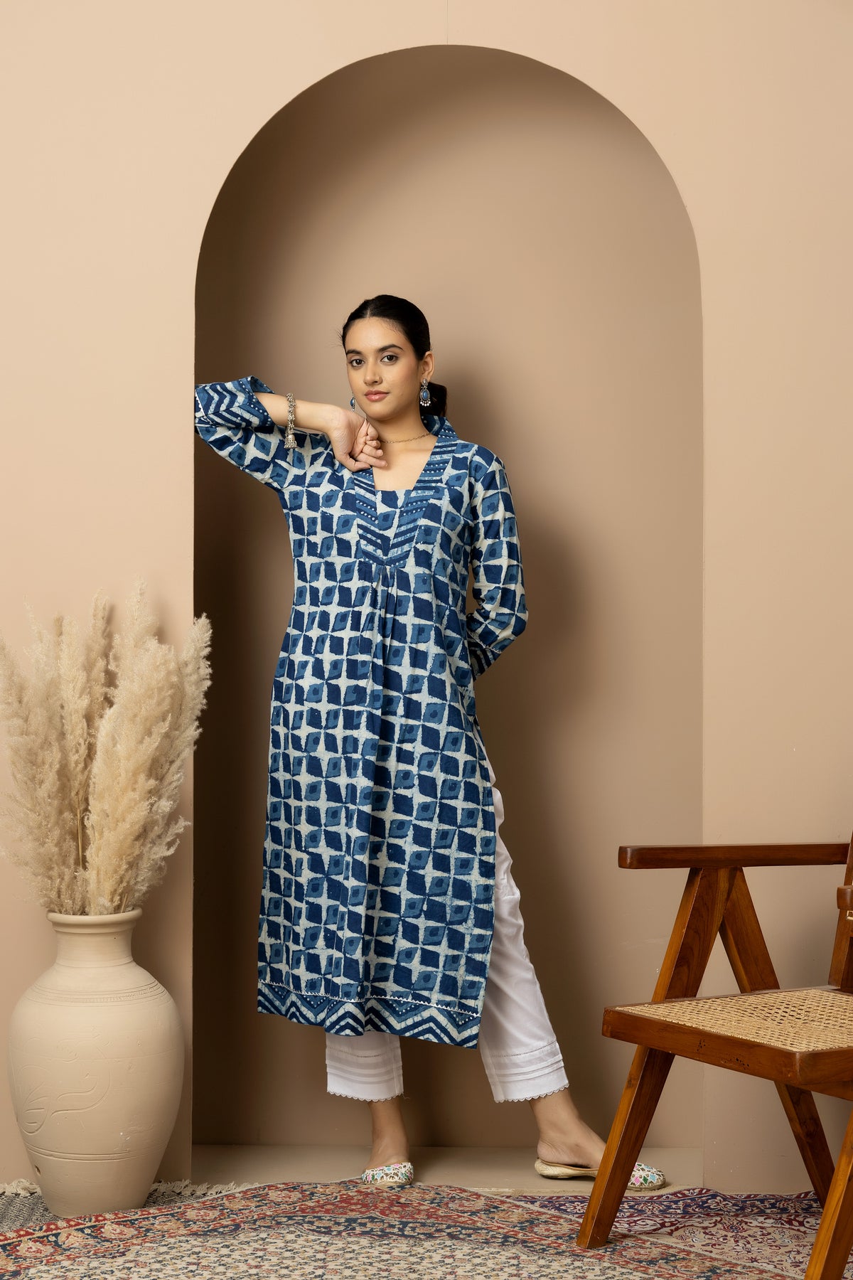 Neel Dhara- Jaipur hand block indigo Kurta with white straight pants