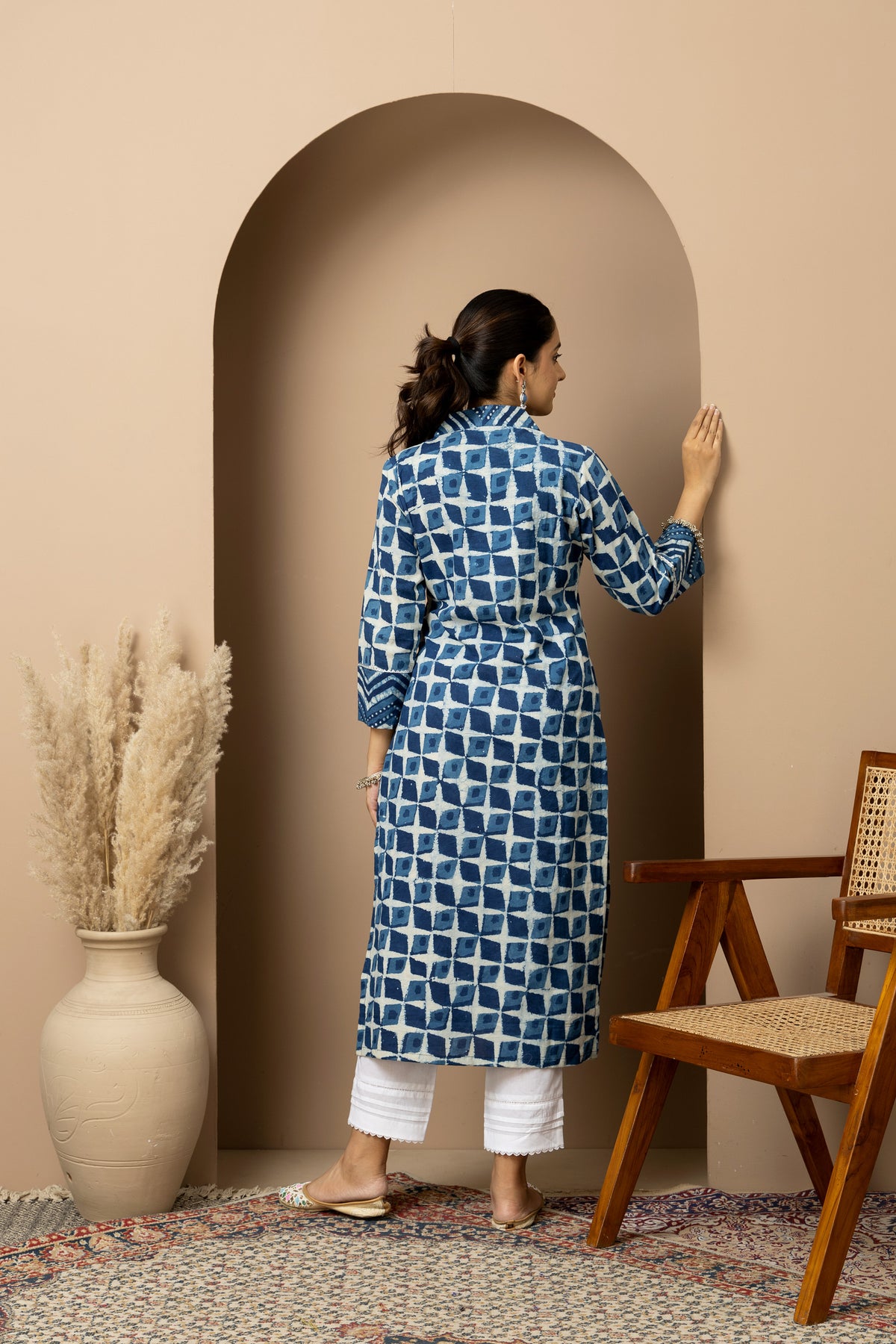 Neel Dhara- Jaipur hand block indigo Kurta with white straight pants