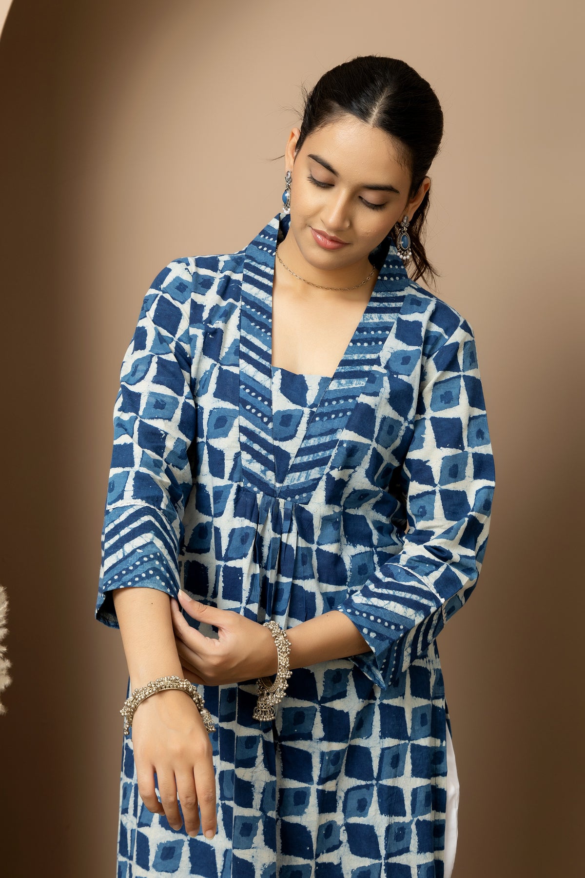 Neel Dhara- Jaipur hand block indigo Kurta with white straight pants