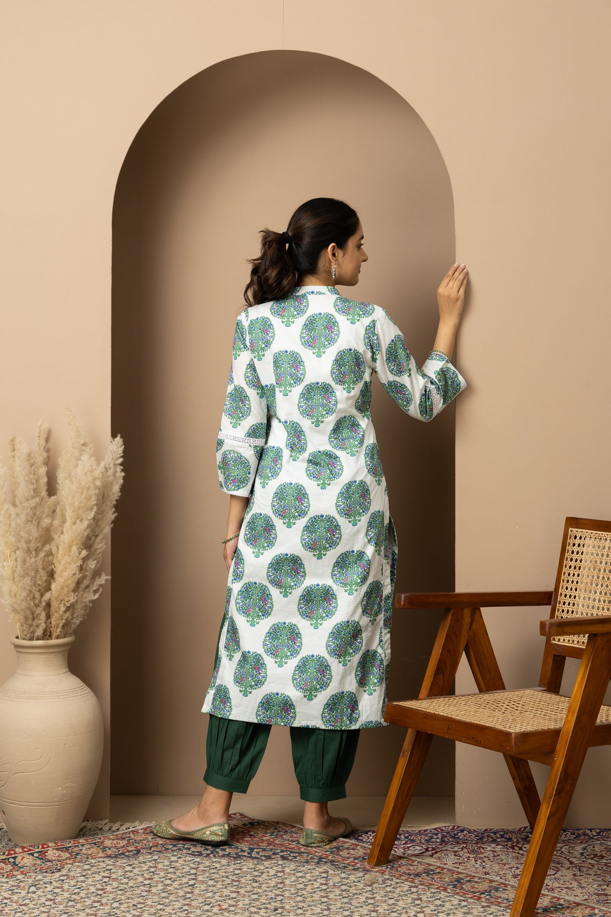 Ivory forest Bloom - White cotton tree print kurta with green Afghani pants