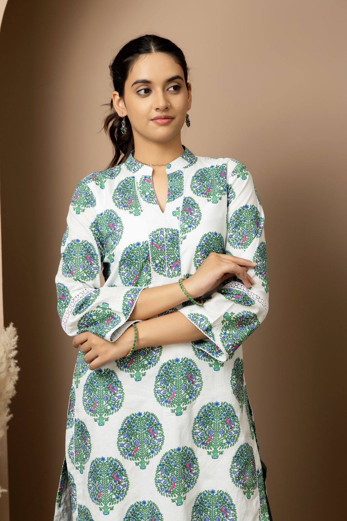 Ivory forest Bloom - White cotton tree print kurta with green Afghani pants