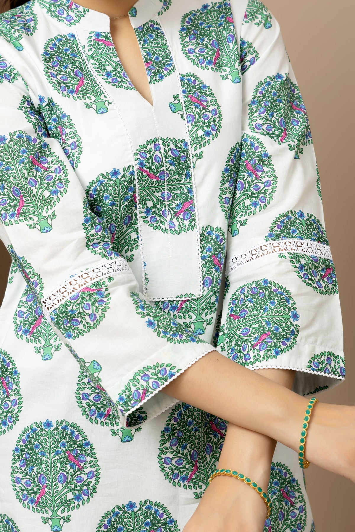 Ivory forest Bloom - White cotton tree print kurta