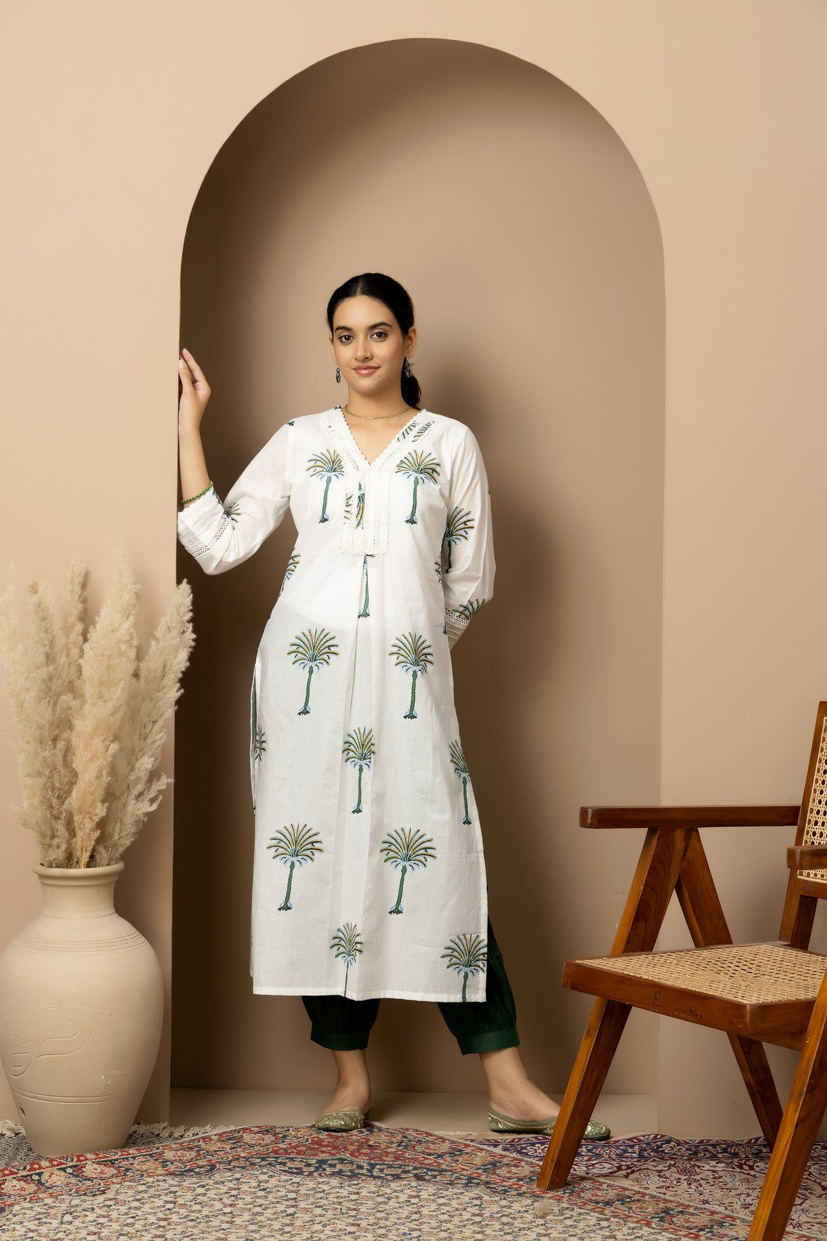 Ivory Palm whisper - White cotton palm print Kurta with green Afghani pants