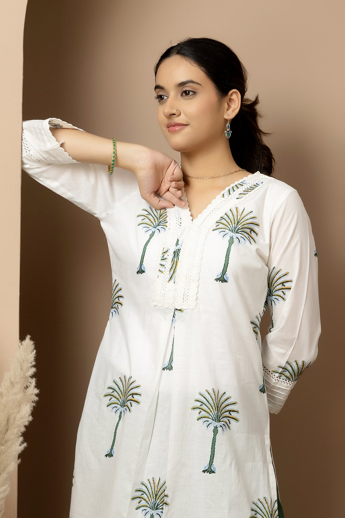 Ivory Palm whisper - White cotton palm print Kurta with green Afghani pants