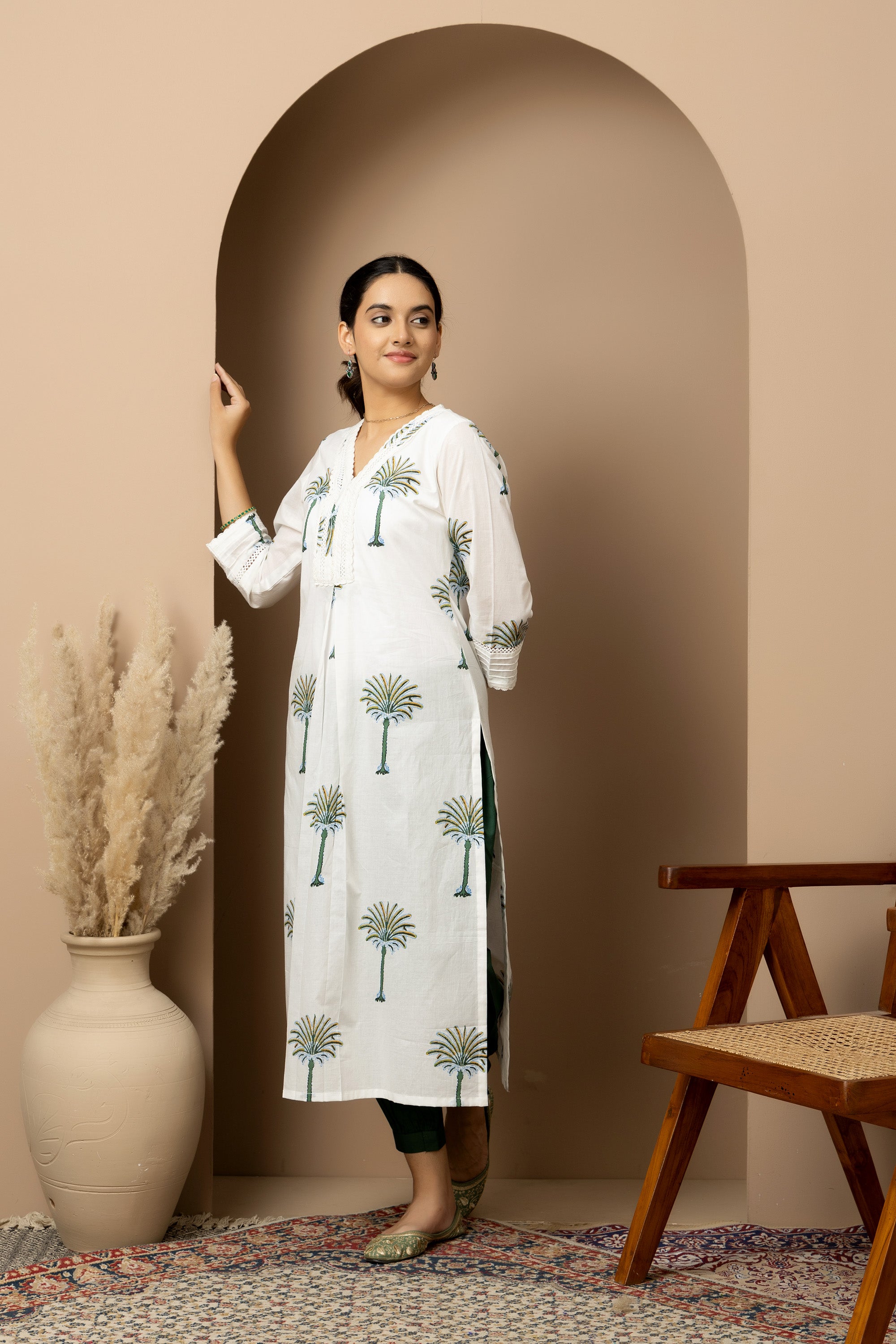 Ivory Palm whisper - White cotton palm print Kurta