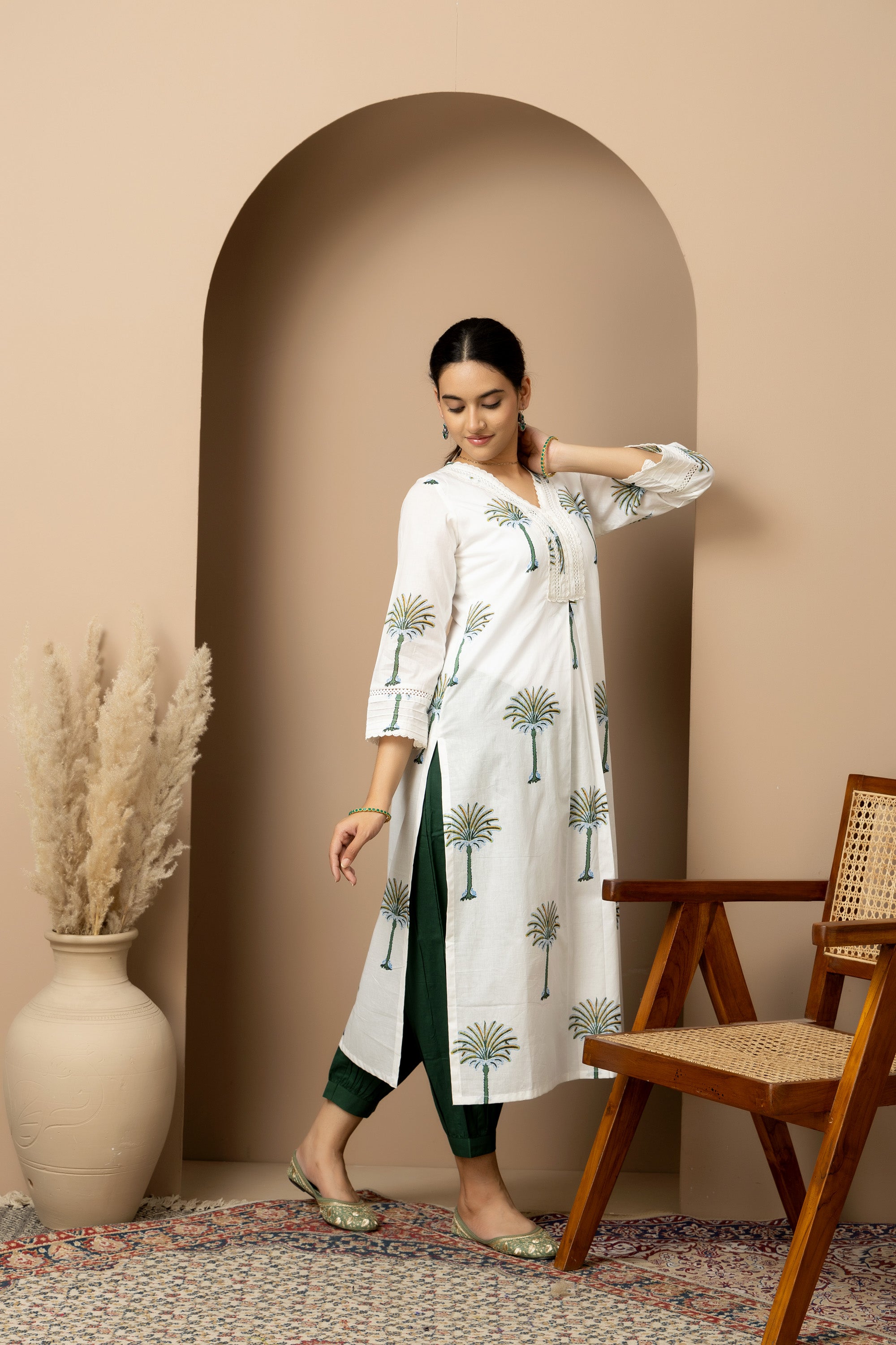 Ivory Palm whisper - White cotton palm print Kurta