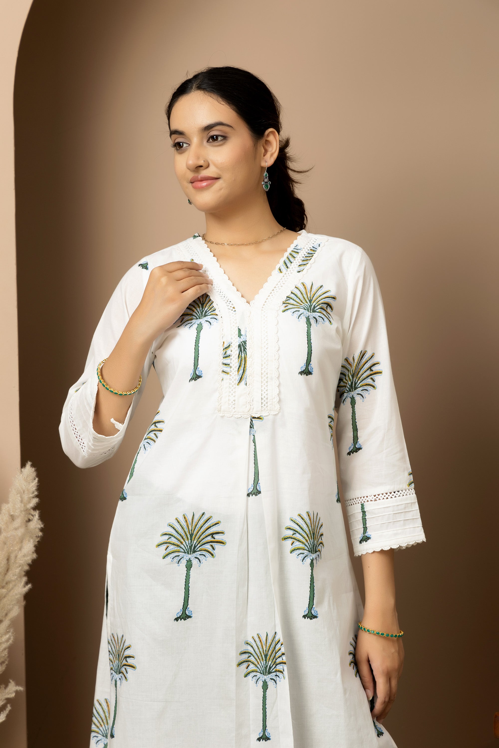 Ivory Palm whisper - White cotton palm print Kurta