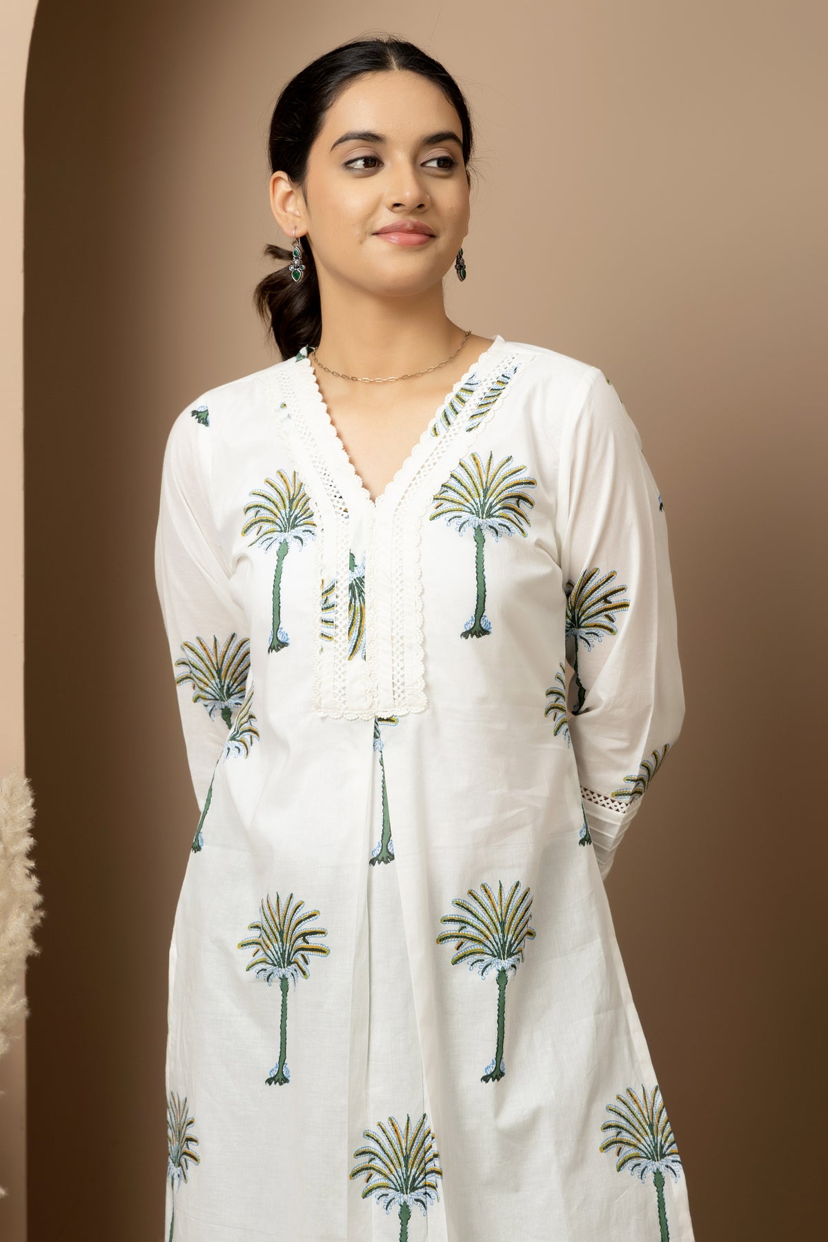 Ivory Palm whisper - White cotton palm print Kurta with green Afghani pants