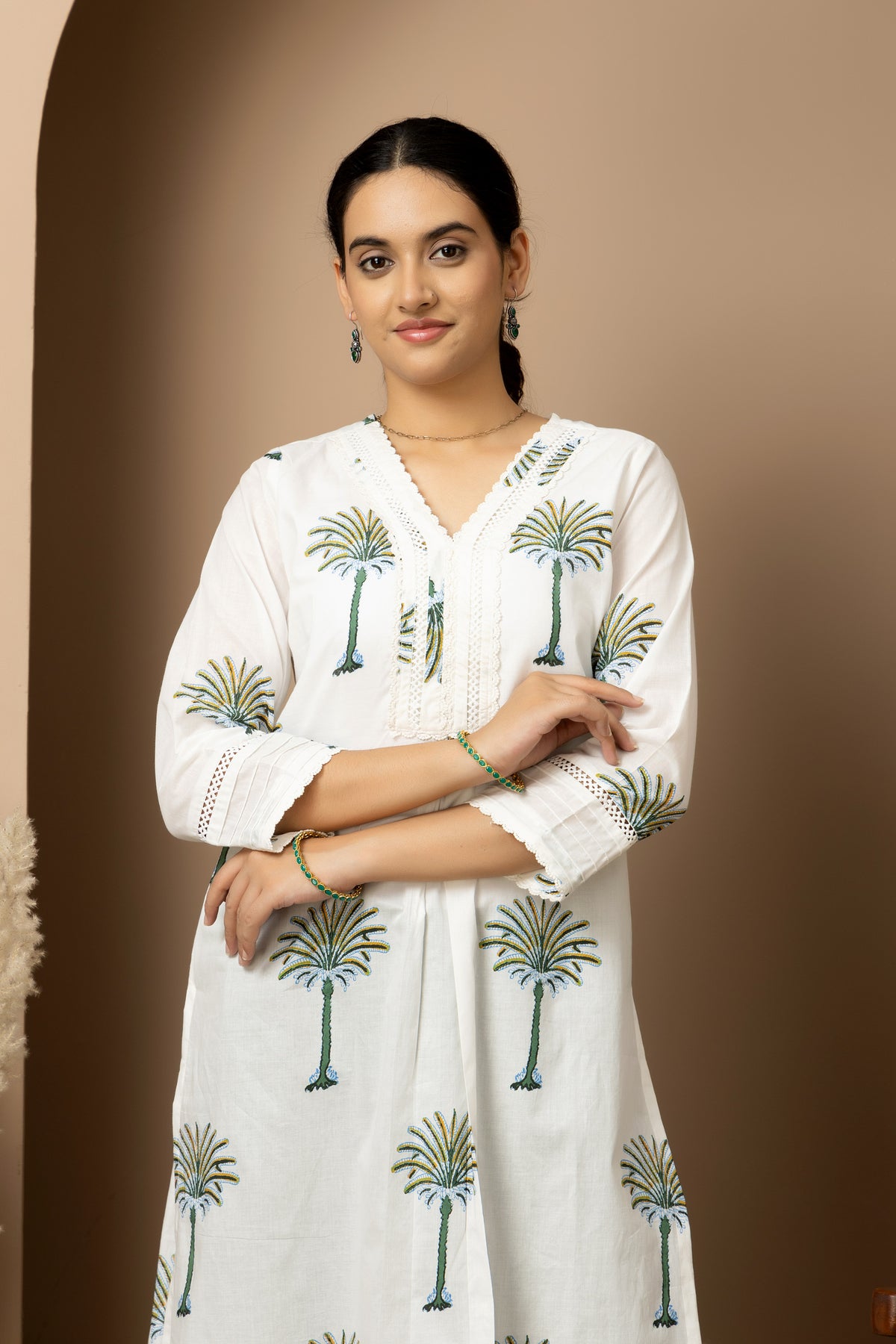 Ivory Palm whisper - White cotton palm print Kurta with green Afghani pants