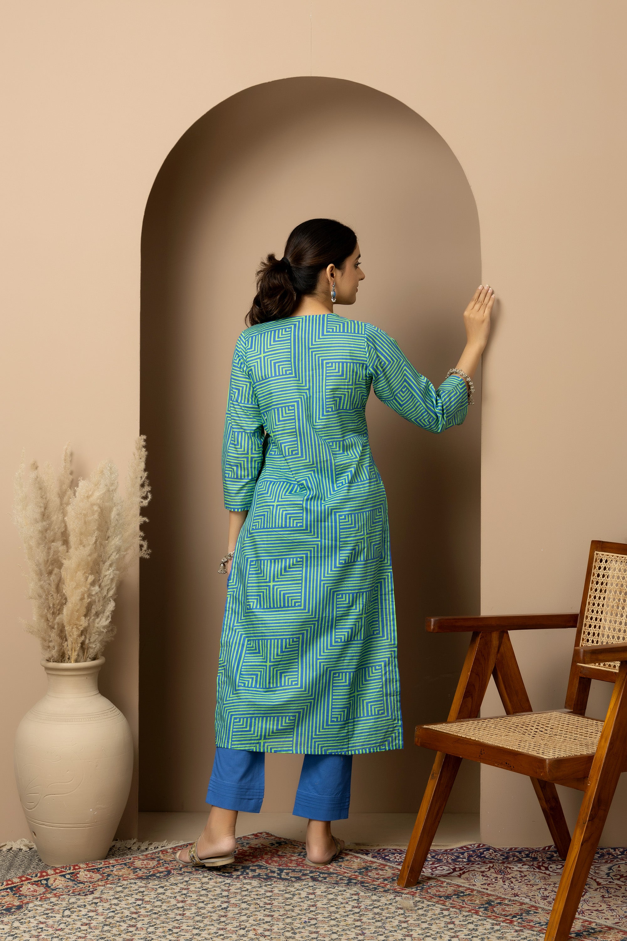 Spring Maze - Green and cobalt blue geometric print cotton kurta