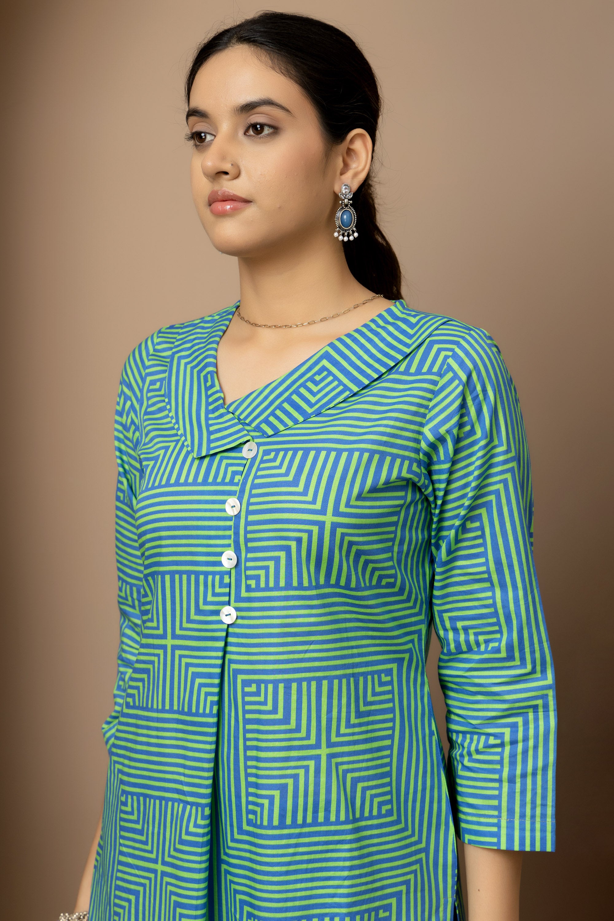 Spring Maze - Green and cobalt blue geometric print cotton kurta