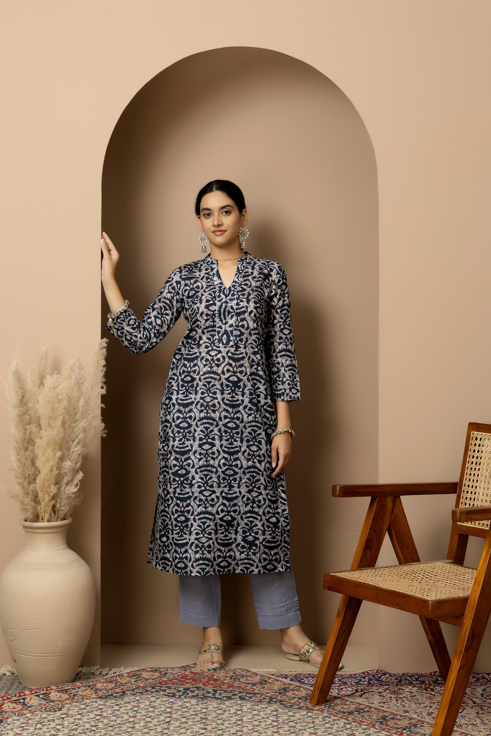 Midnight Indigo- soft ivory and indigo digital print Cotton Kurta