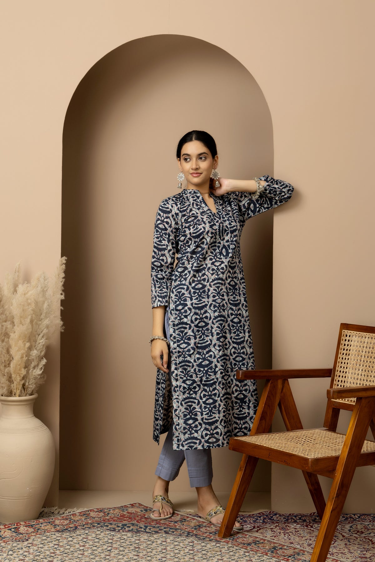 Midnight Indigo- soft ivory and indigo digital print Cotton Kurta with grey straight pants