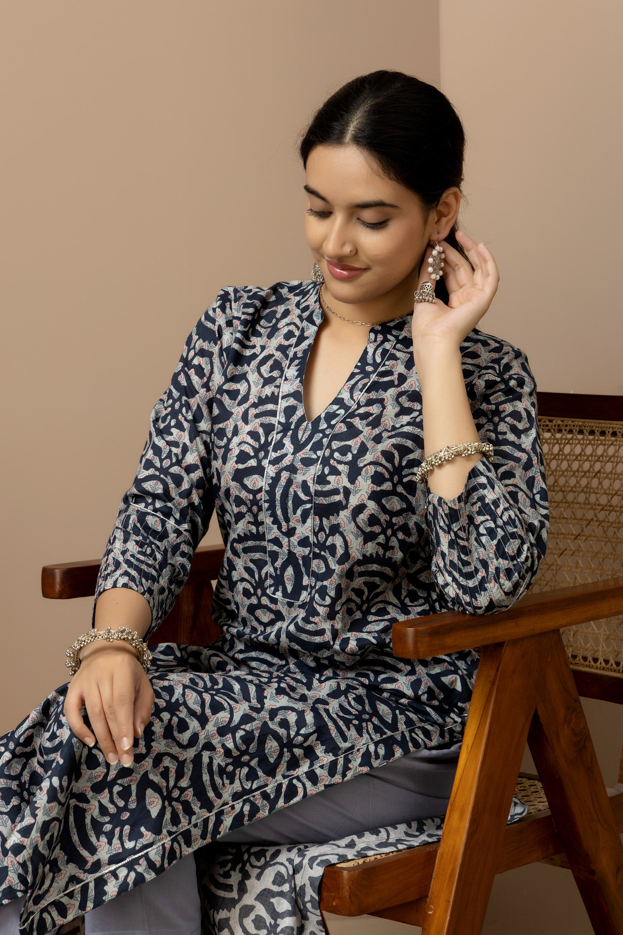 Midnight Indigo- soft ivory and indigo digital print Cotton Kurta