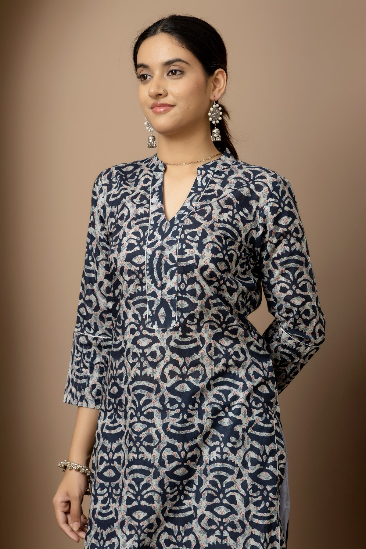 Midnight Indigo- soft ivory and indigo digital print Cotton Kurta with grey straight pants