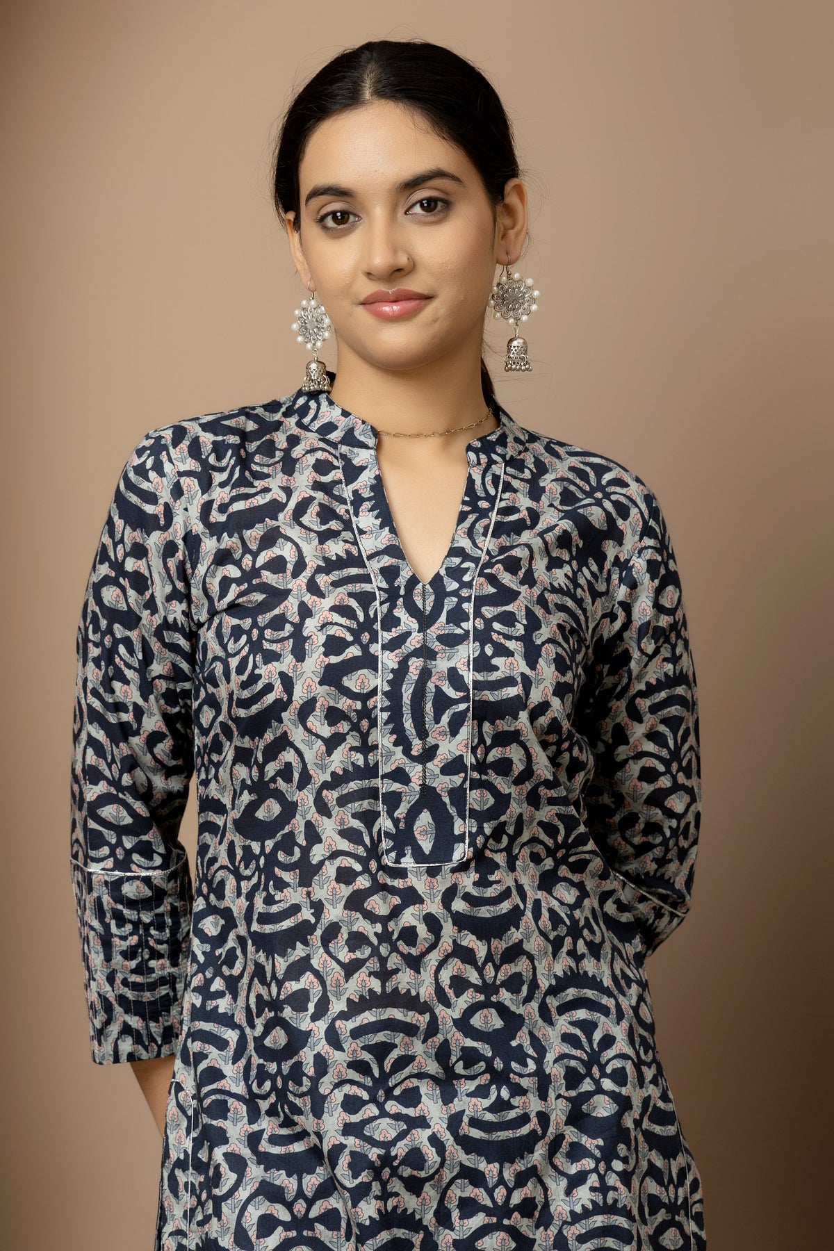 Midnight Indigo- soft ivory and indigo digital print Cotton Kurta with grey straight pants