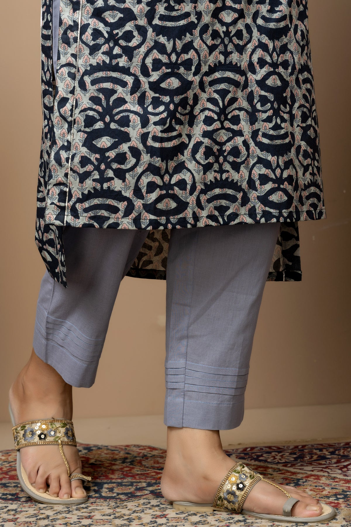 Midnight Indigo- soft ivory and indigo digital print Cotton Kurta with grey straight pants