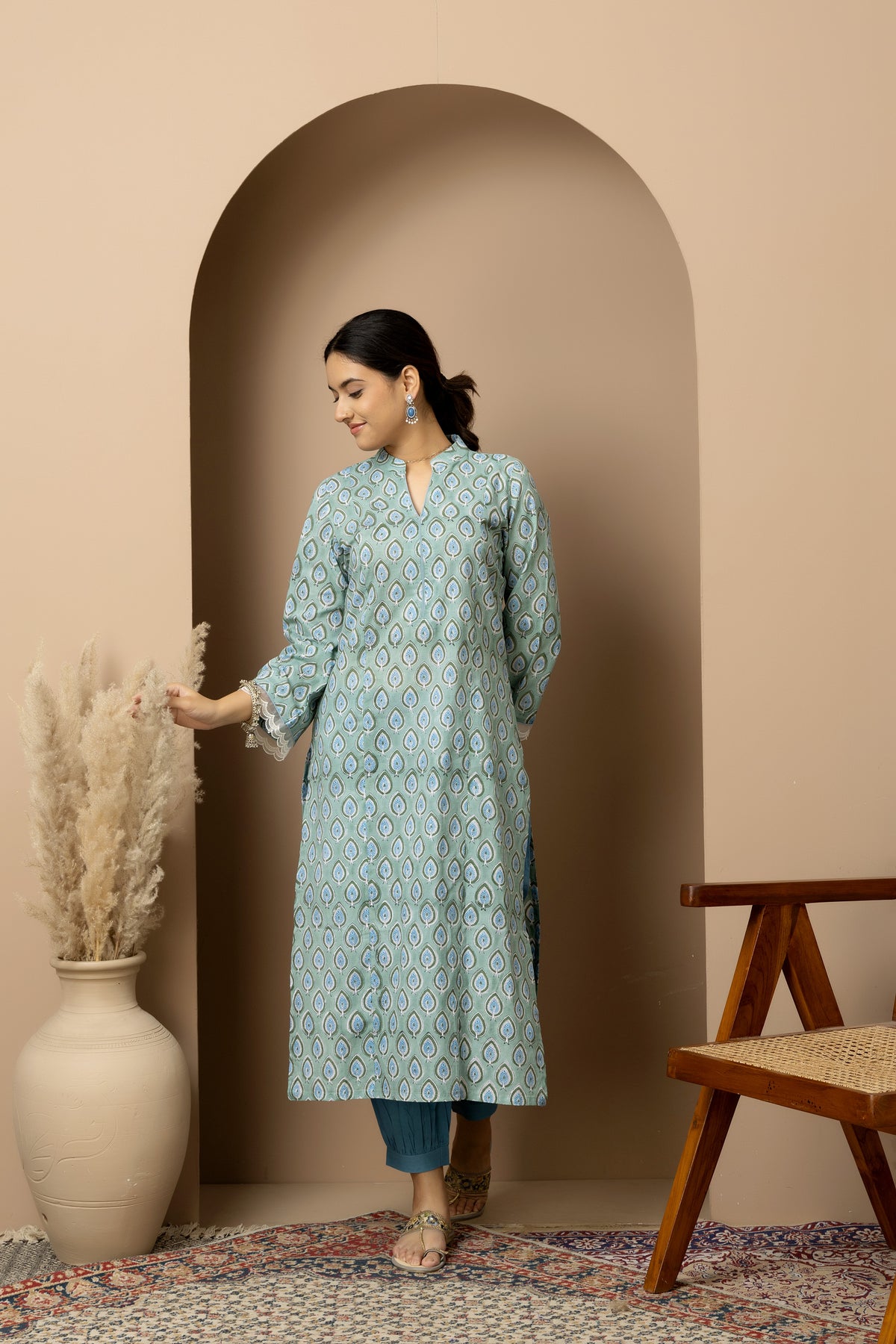 Aqua Petals- Cotton Kurta with blue Afghani pants