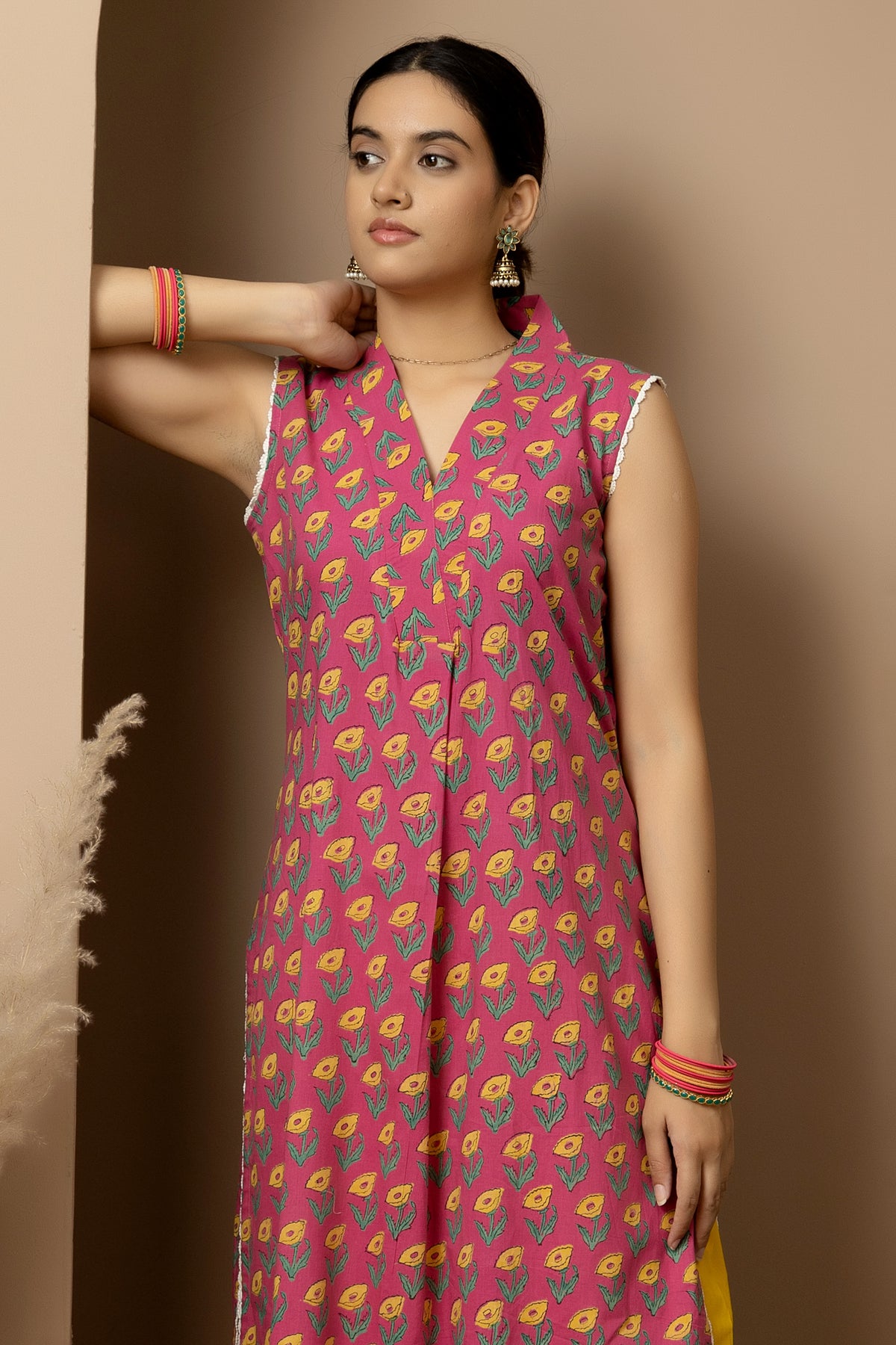 Berry Bloom- Berry pink floral cotton Sleeveless Kurta with yellow Afghani pants