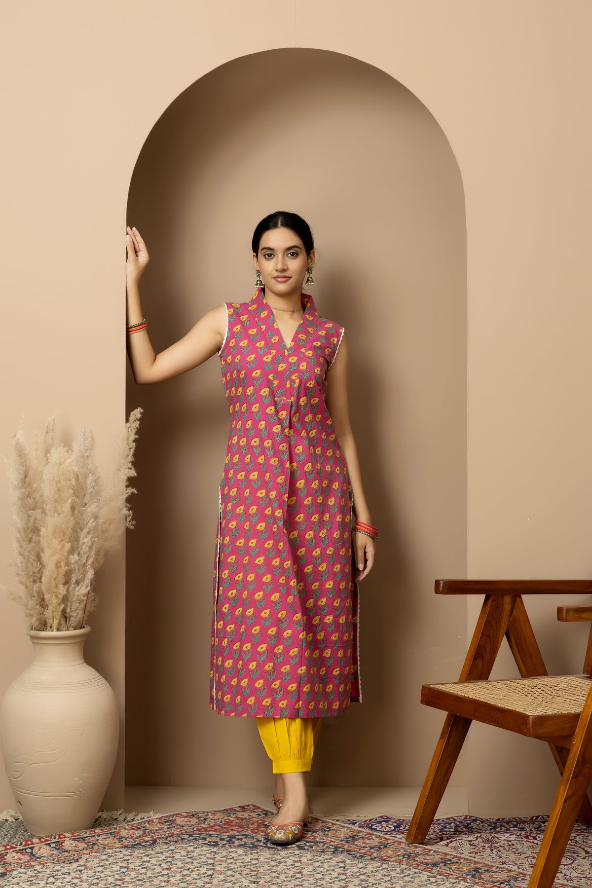 Berry Bloom- Berry pink floral cotton Sleeveless Kurta with yellow Afghani pants