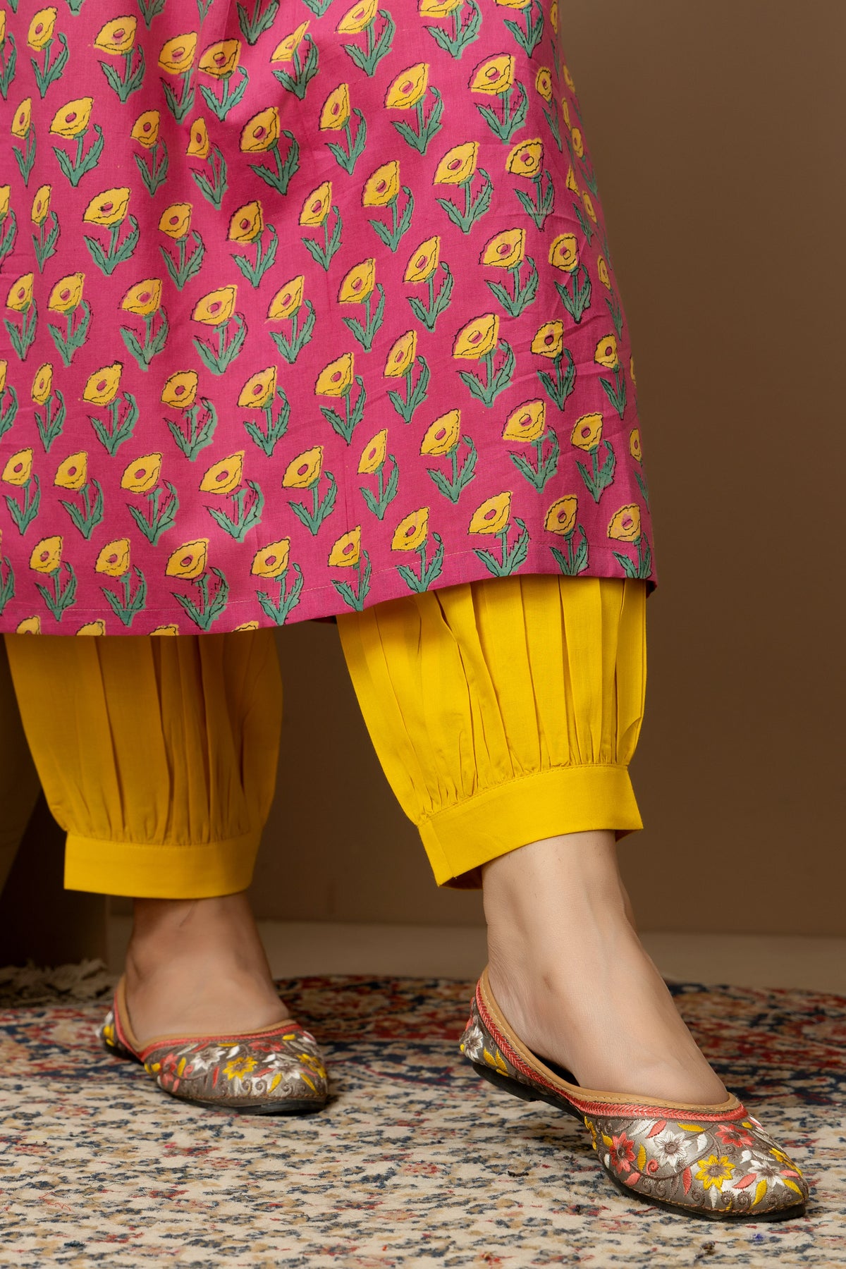 Berry Bloom- Berry pink floral cotton Sleeveless Kurta with yellow Afghani pants