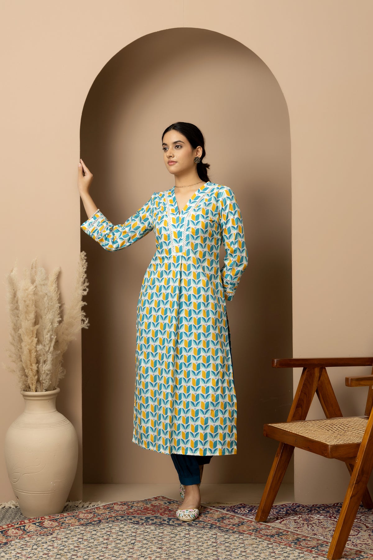 Coastal Bloom- aqua blue -mustard print cotton kurta with blue Afghani pants