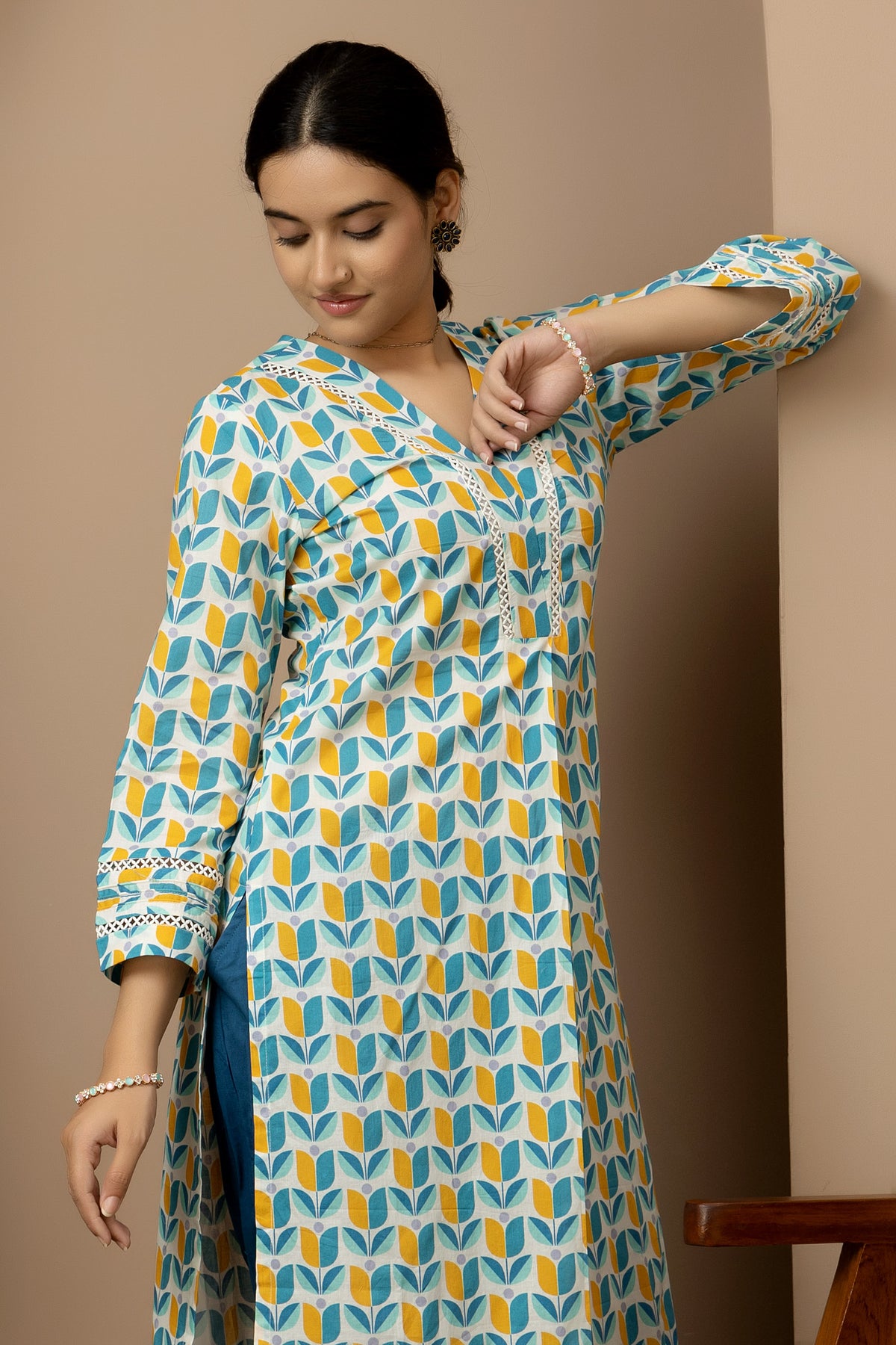 Coastal Bloom- aqua blue -mustard print cotton kurta with blue Afghani pants