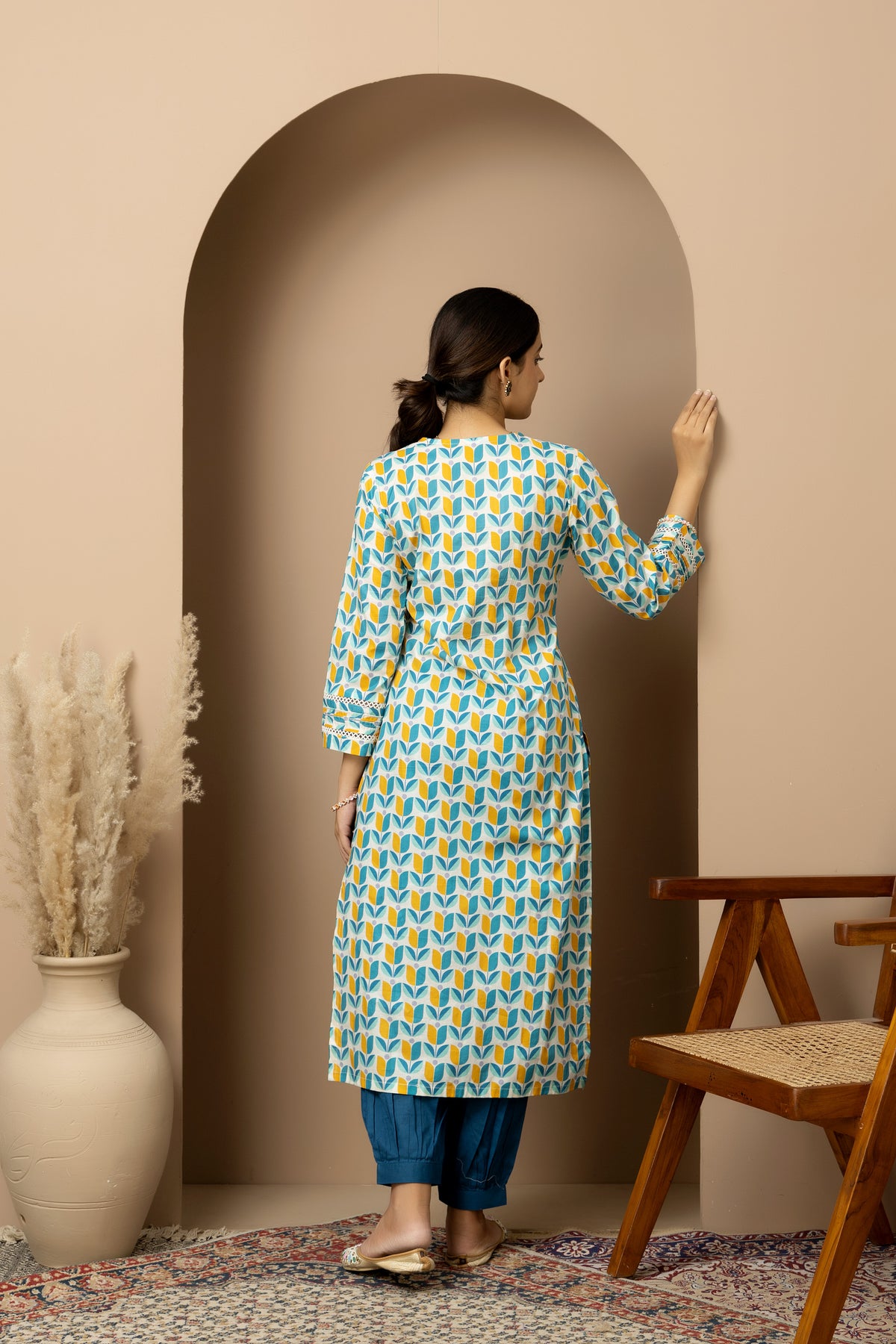 Coastal Bloom- aqua blue -mustard print cotton kurta with blue Afghani pants