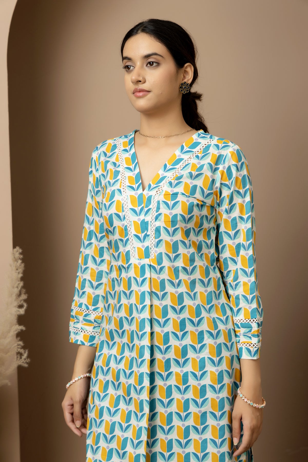 Coastal Bloom- aqua blue -mustard print cotton kurta with blue Afghani pants
