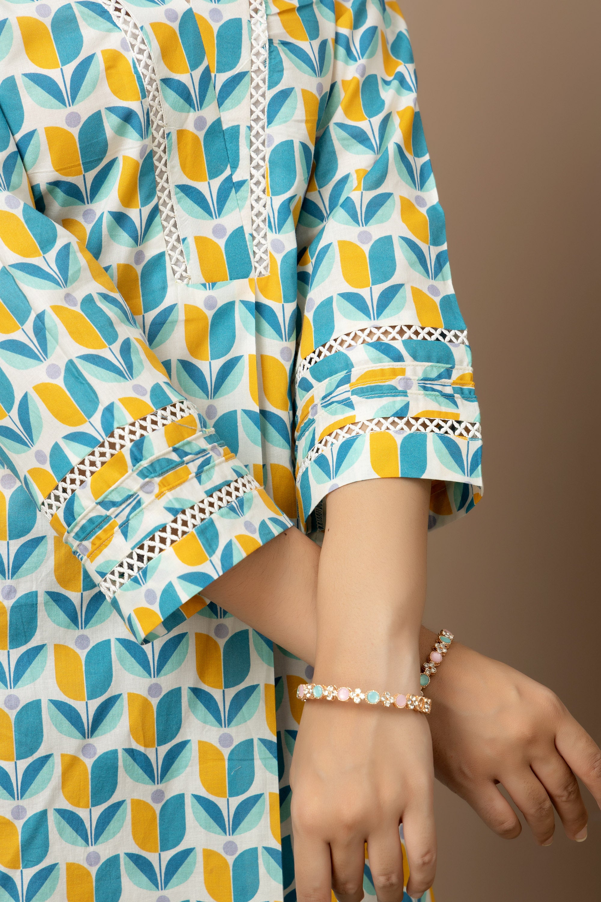 Coastal Bloom- aqua blue and mustard print on white cotton kurta