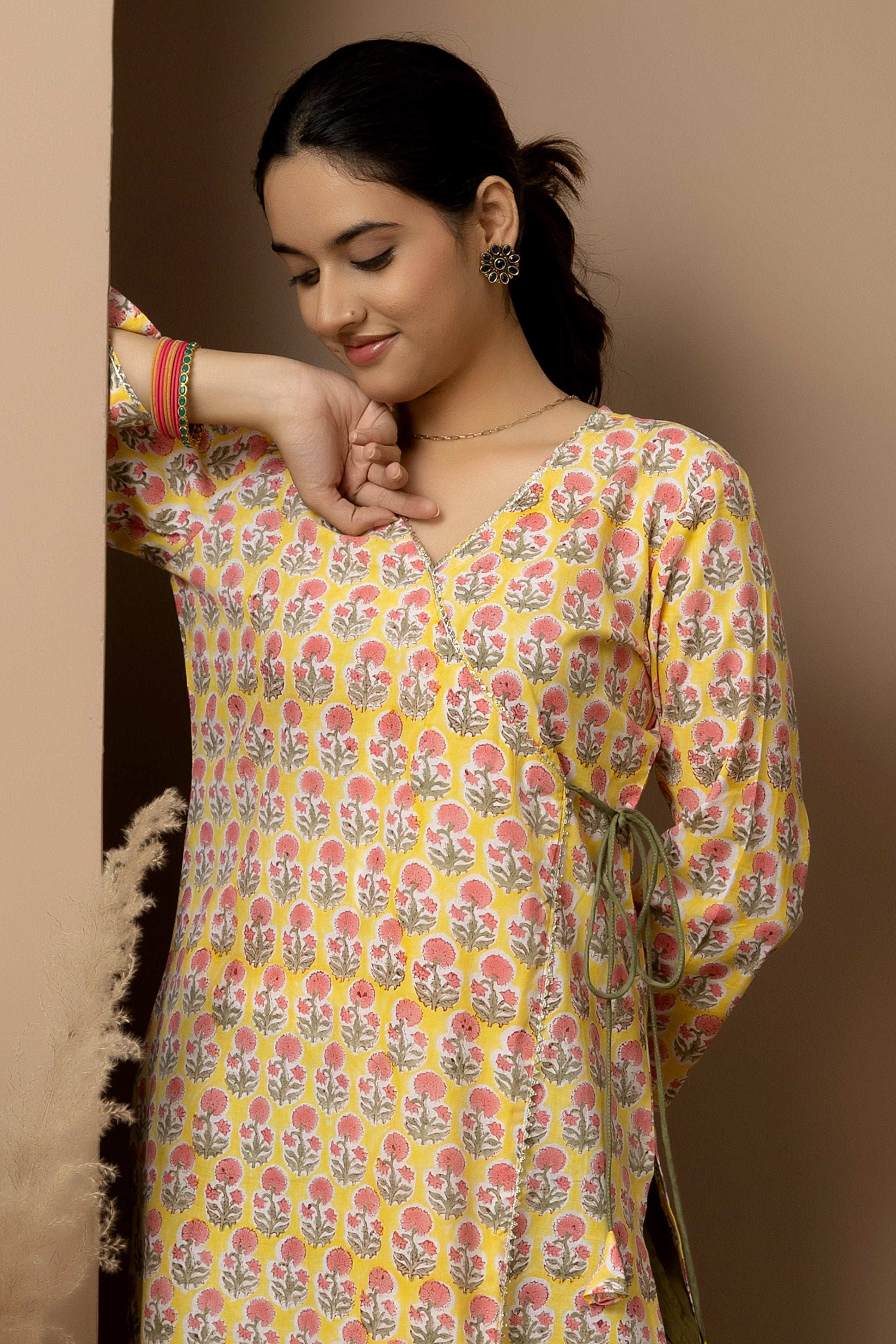 Vasanta Phool- yellow with flower hand block print cotton kurta
