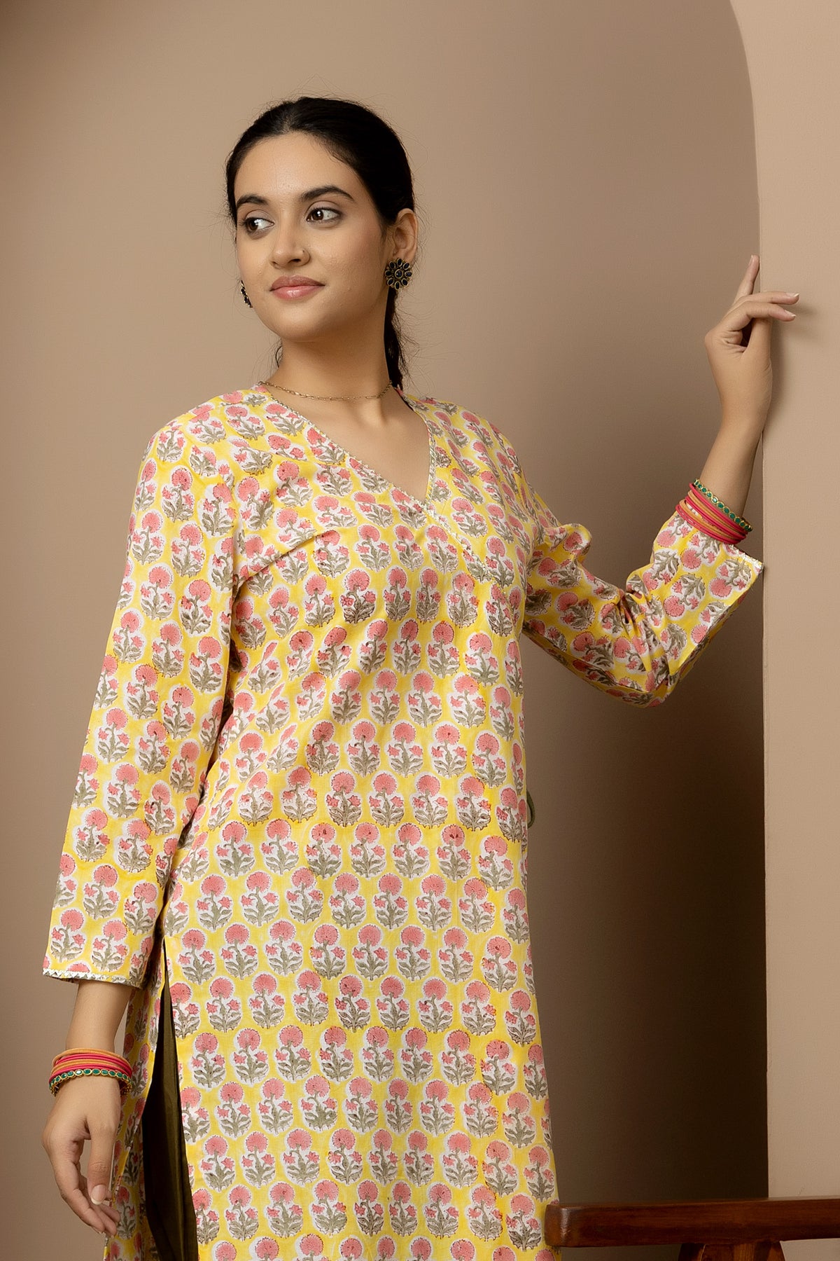 Vasanta Phool- yellow hand block print cotton kurta with green Afghani pants