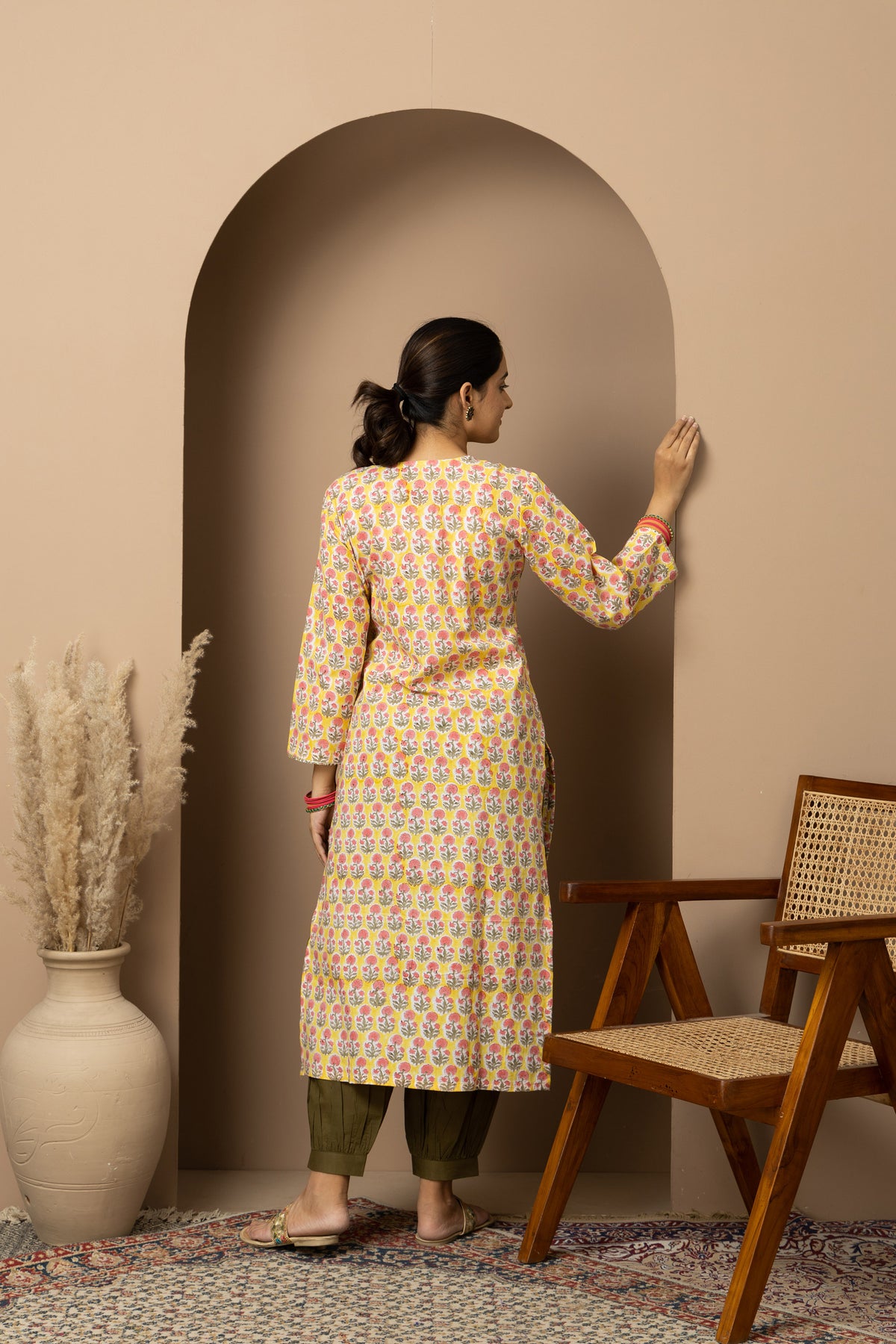 Vasanta Phool- yellow hand block print cotton kurta with green Afghani pants