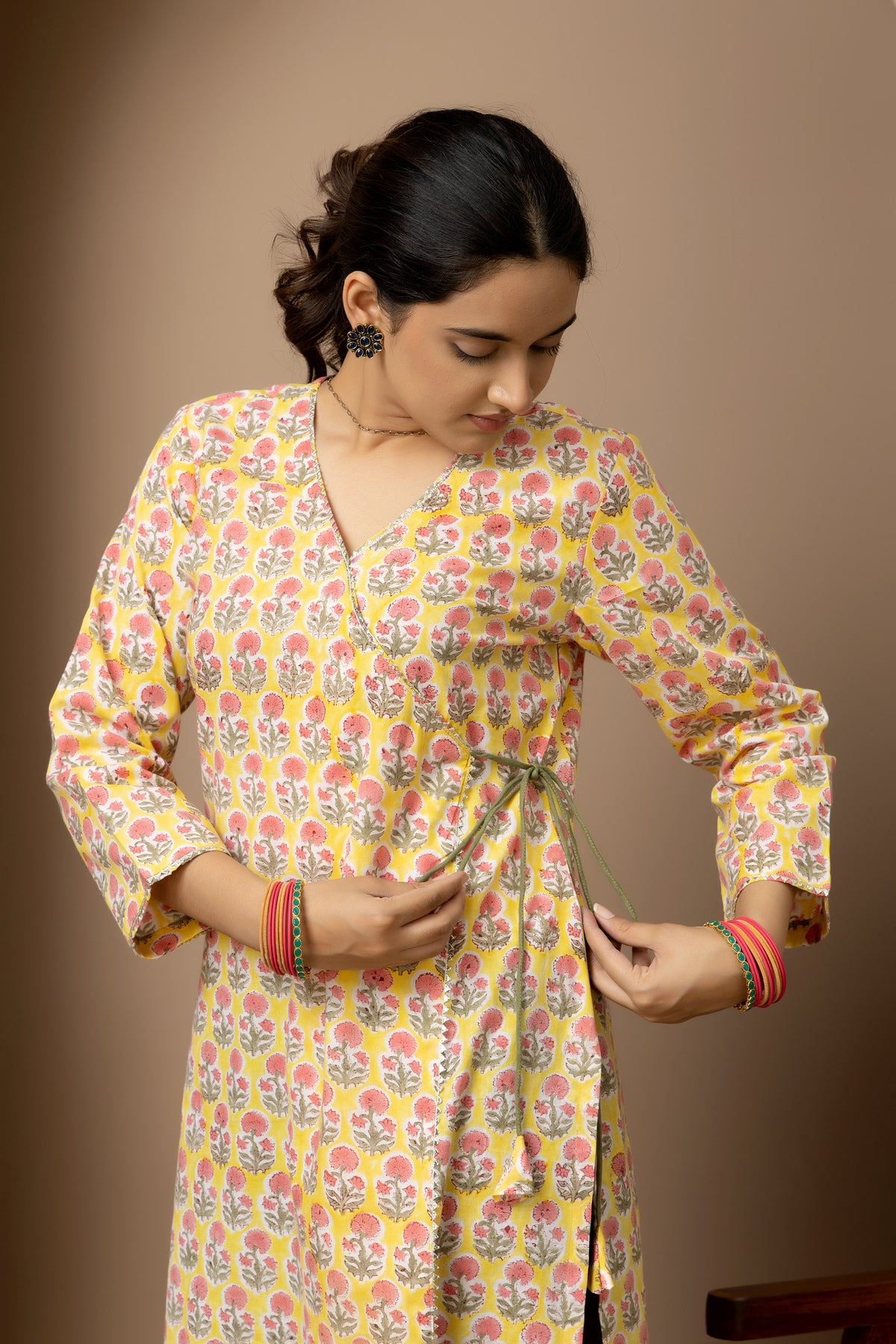 Vasanta Phool- yellow hand block print cotton kurta with green Afghani pants