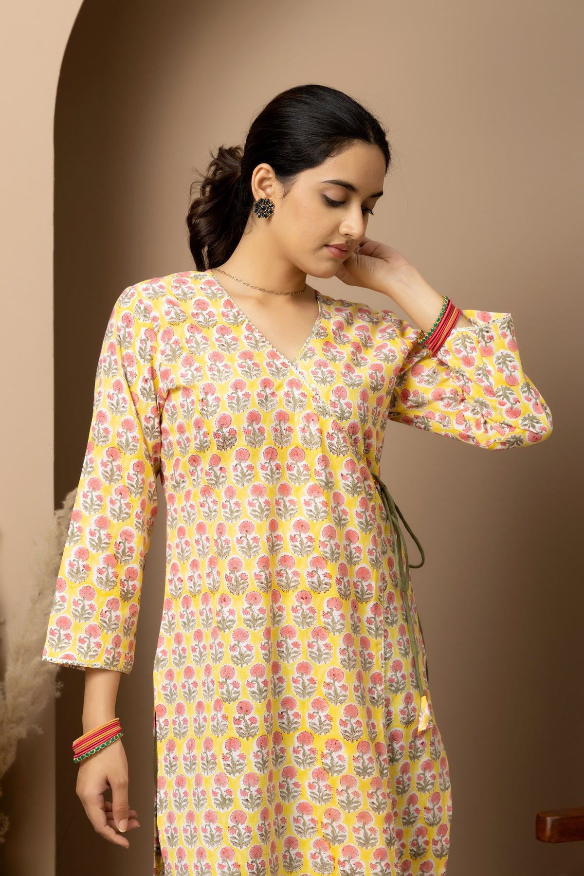 Vasanta Phool- yellow hand block print cotton kurta with green Afghani pants
