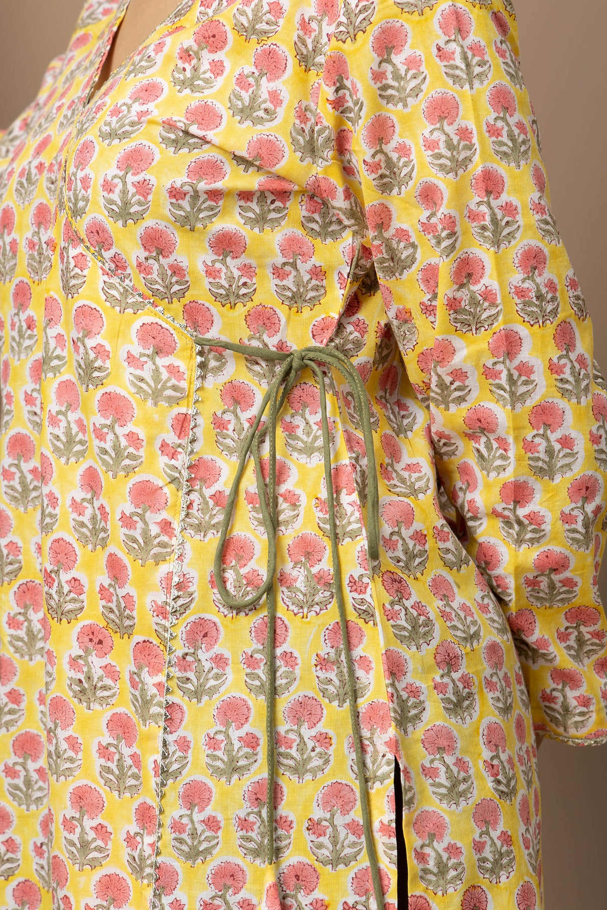 Vasanta Phool- yellow hand block print cotton kurta with green Afghani pants