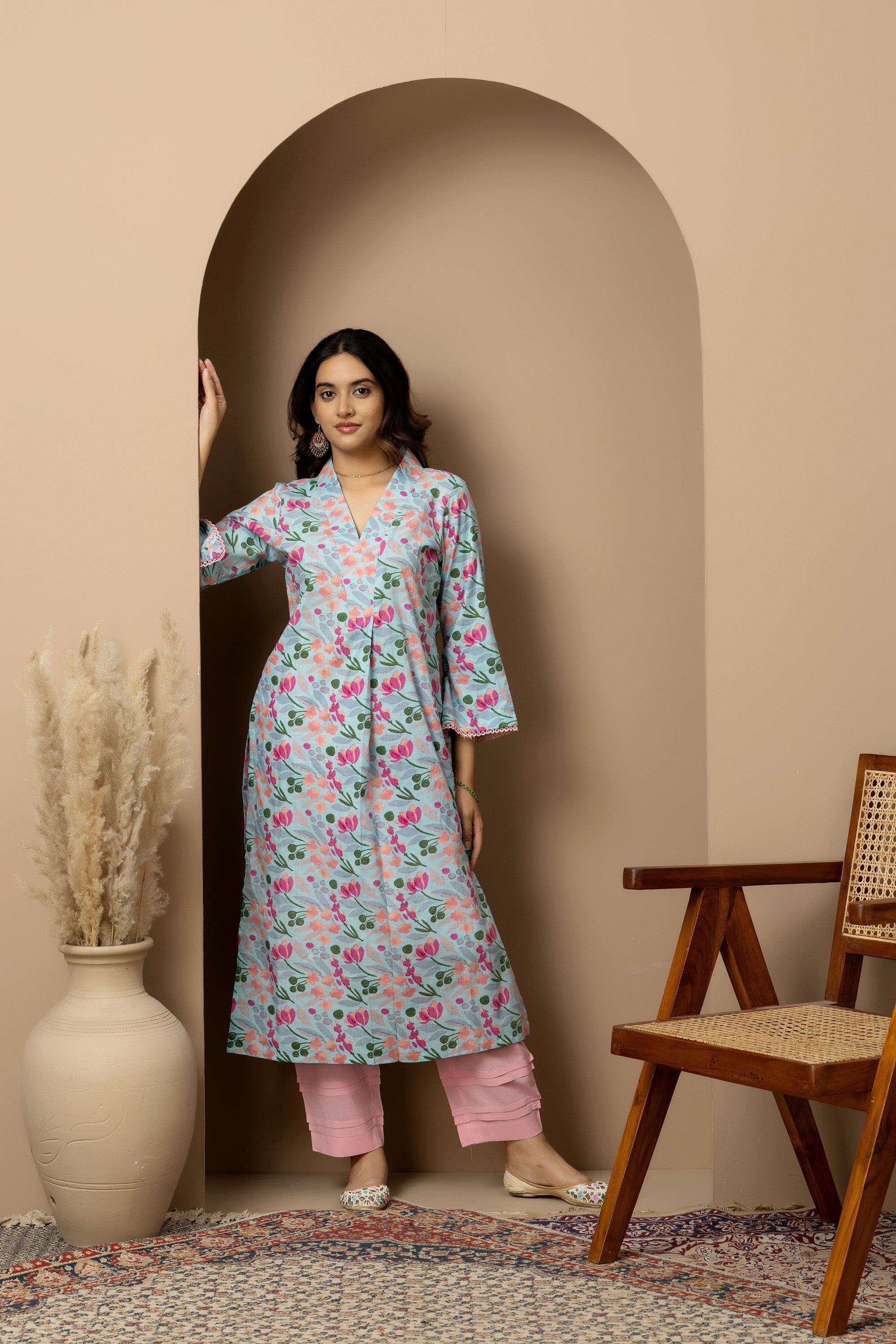 Rosabelle- powder blue cotton kurta with pink-peach floral hand block print