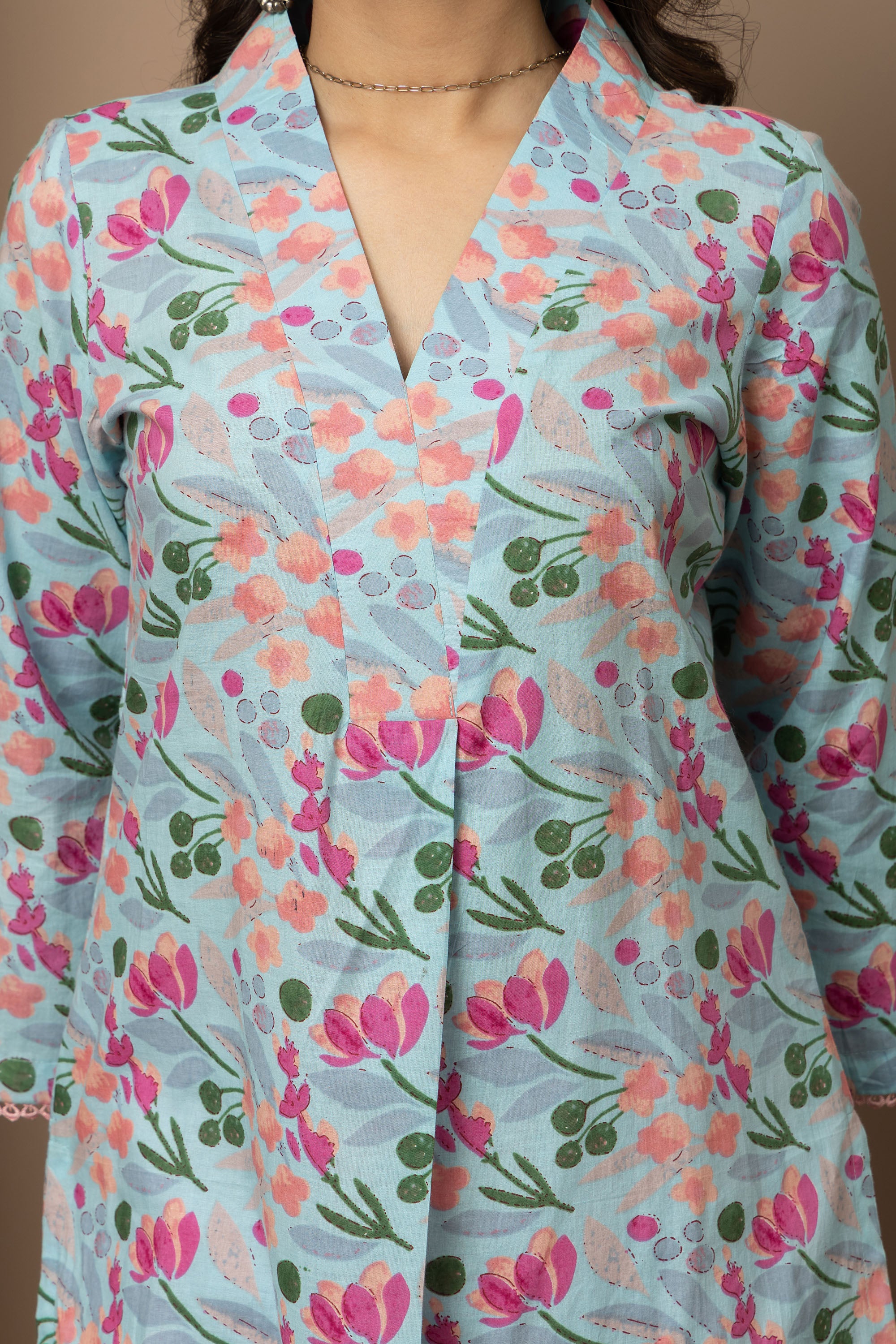 Rosabelle- powder blue cotton kurta with pink-peach floral hand block print